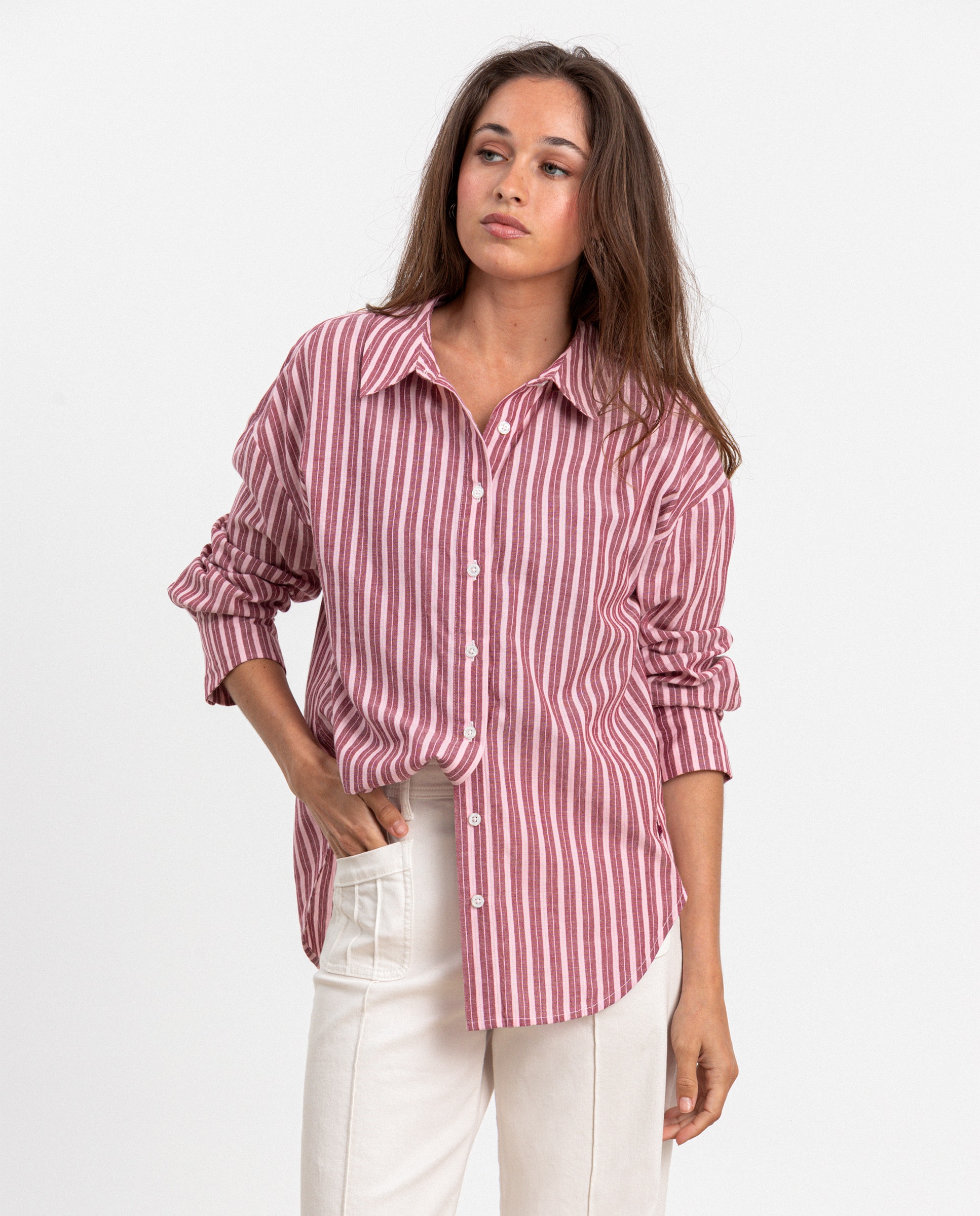 Camisa de mujer de algodón a rayas - Noon - Rosa Rosa-1