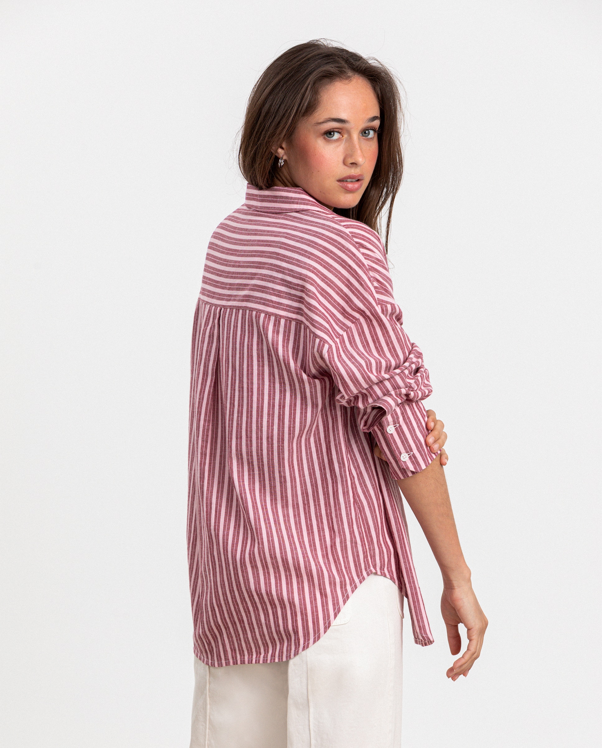 Camisa de mujer de algodón a rayas - Noon - Rosa Rosa-2