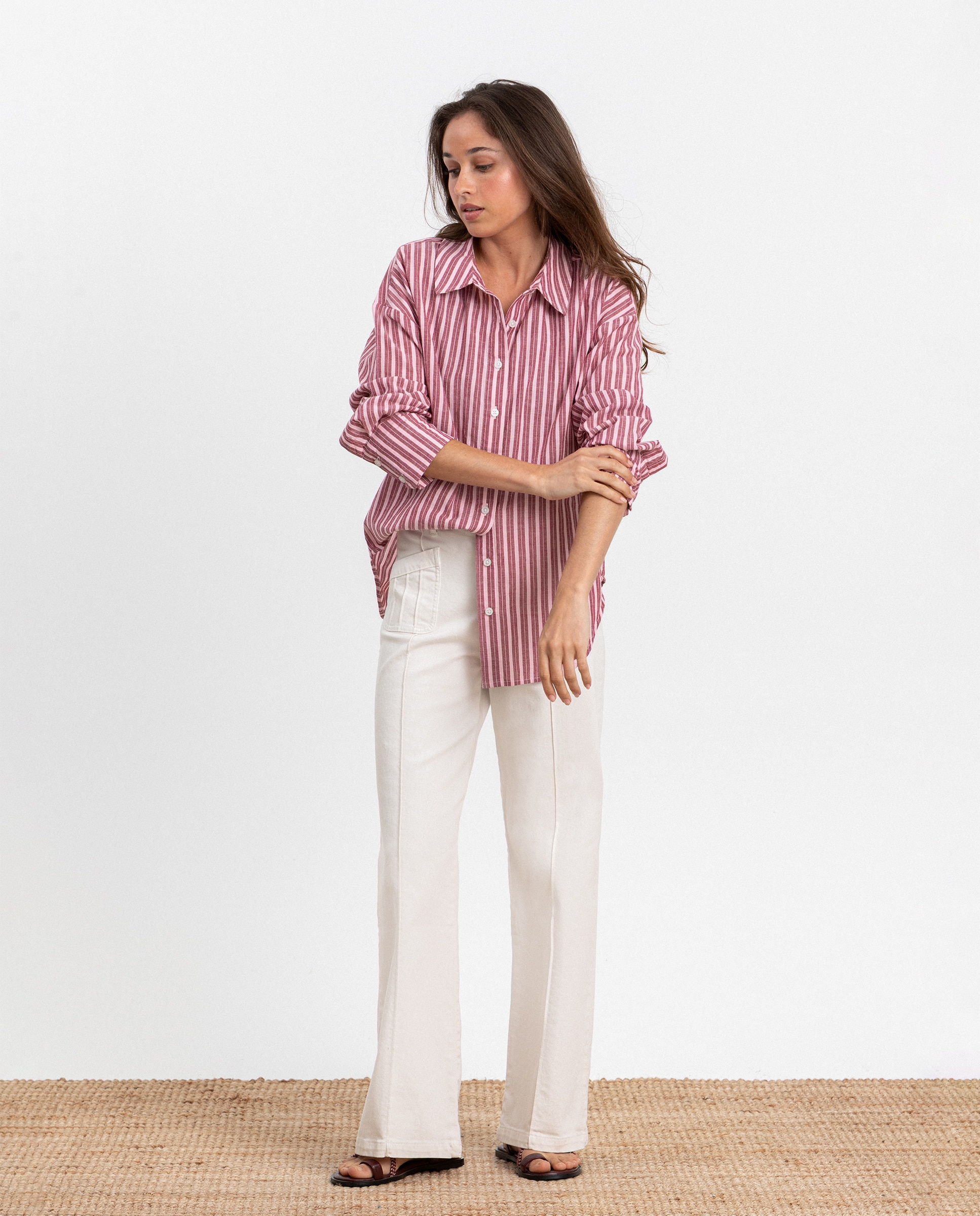 Camisa de mujer de algodón a rayas - Noon - Rosa Rosa-3