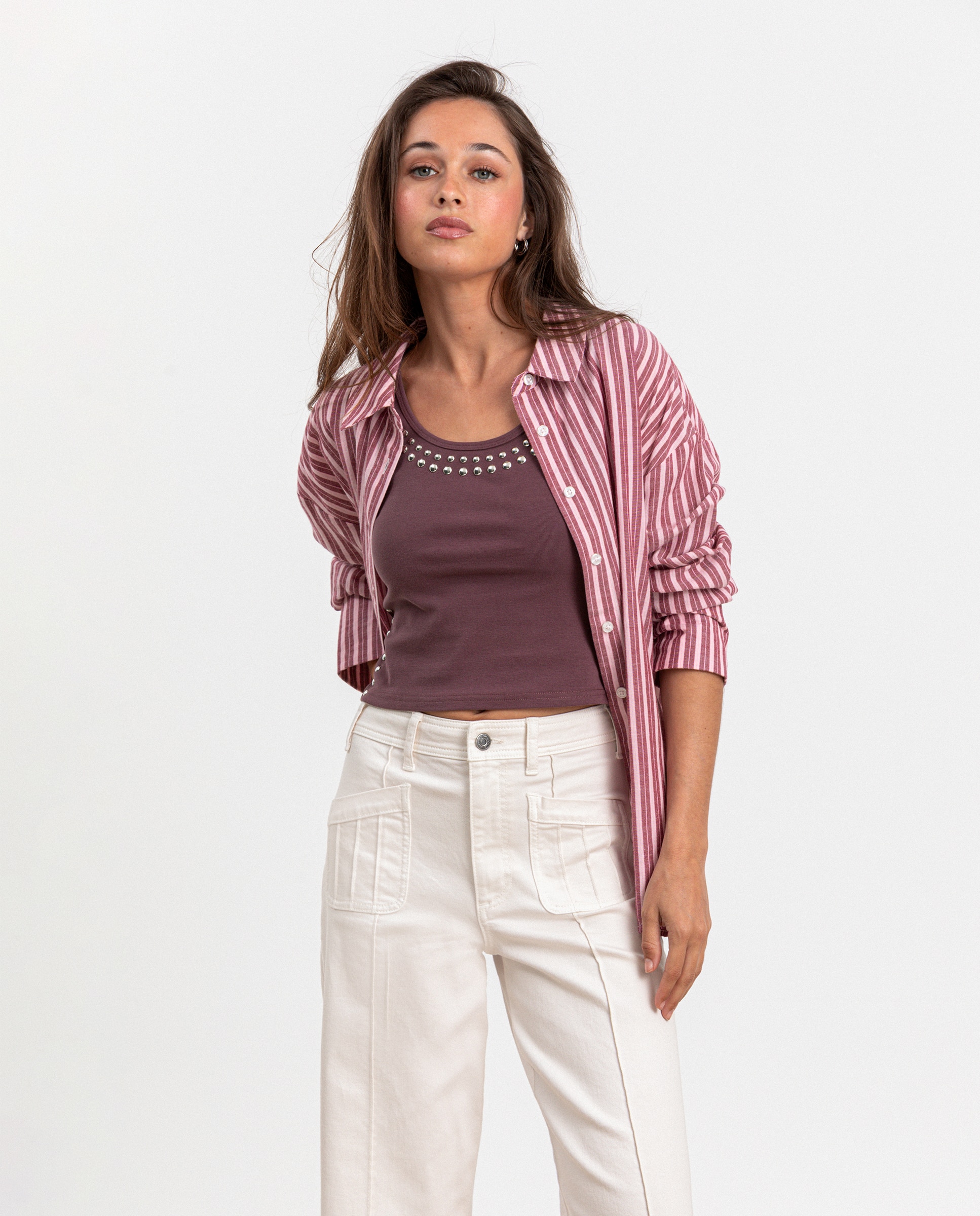 Camisa de mujer de algodón a rayas - Noon - Rosa Rosa-4