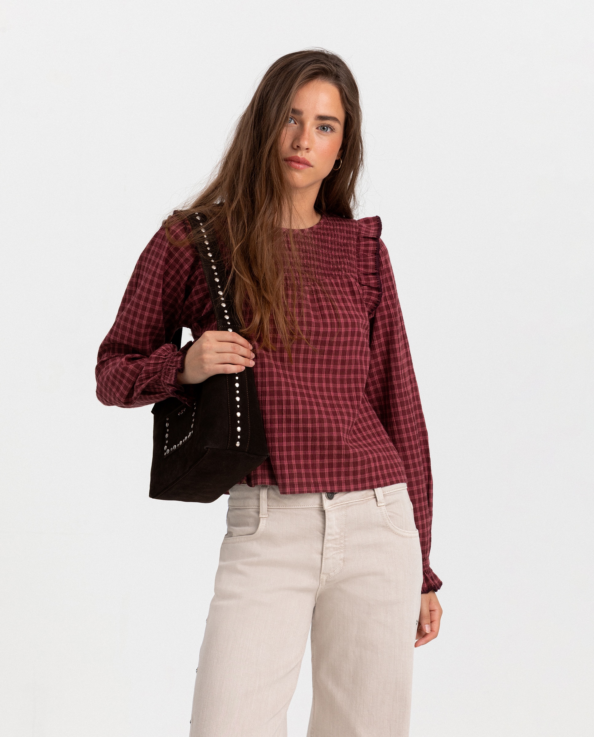 Imagen 0 de Blusa de mujer detalle cuadros Rosa
