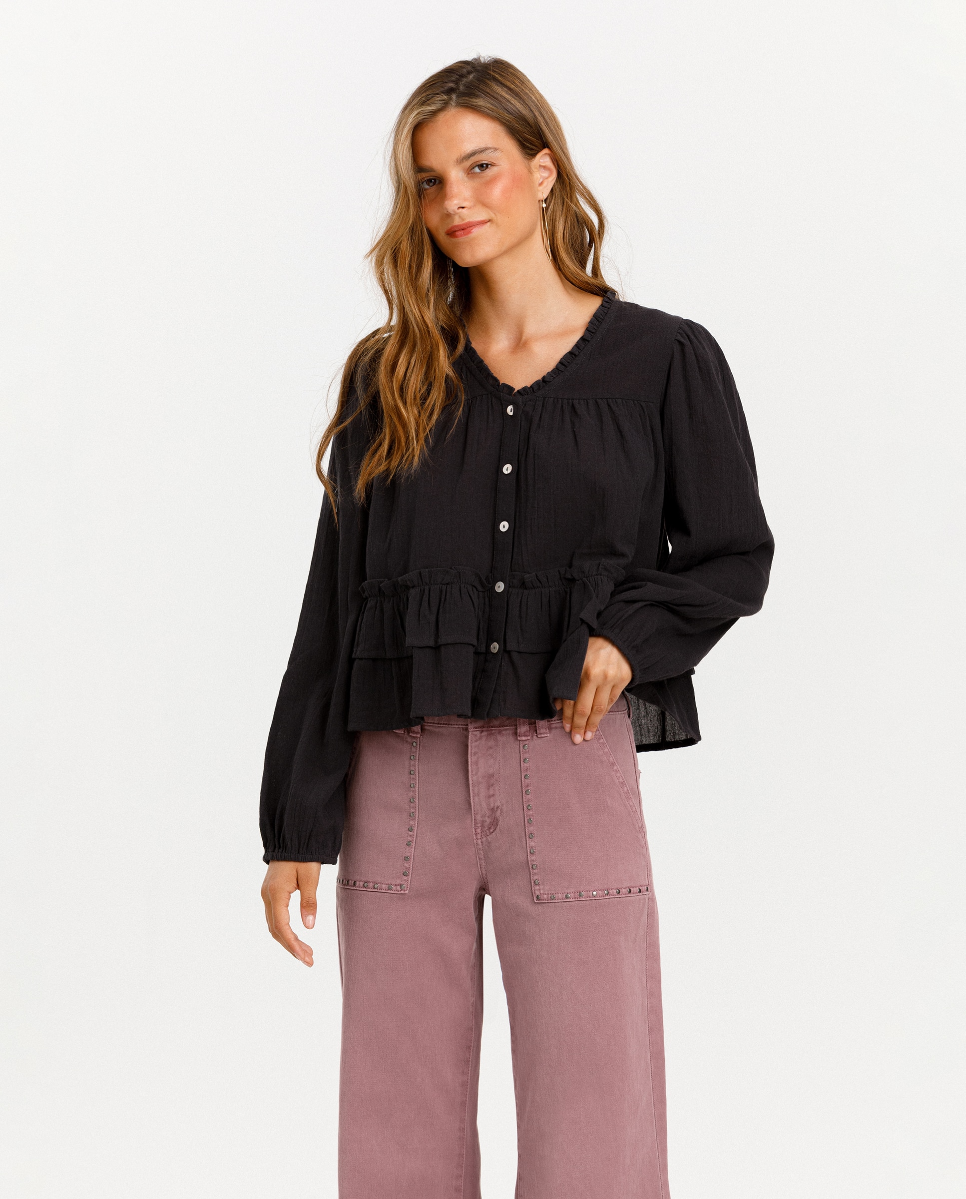 Imagen 0 de Blusa de mujer detalle doble volante Antracita / Gris