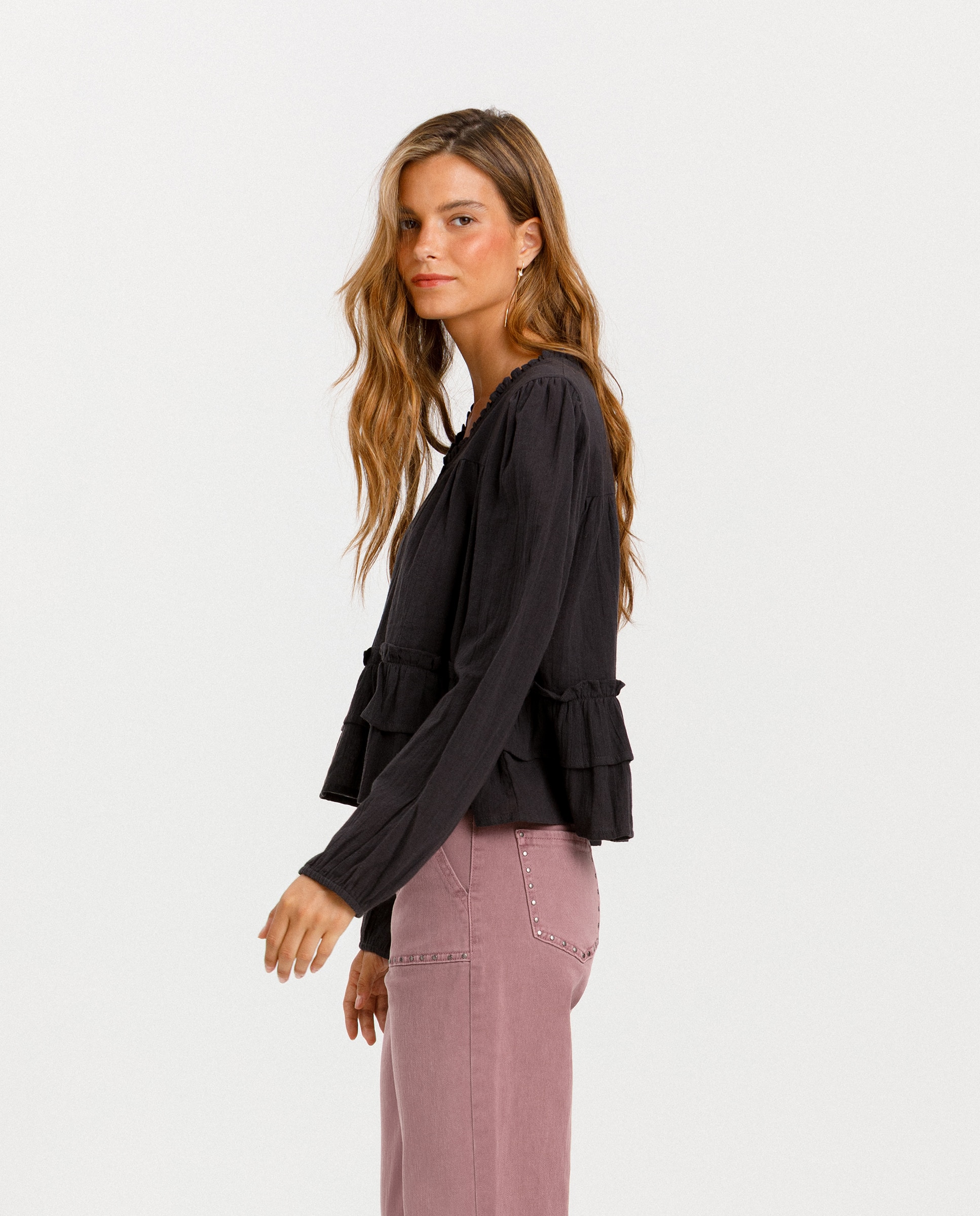 Blusa de mujer detalle doble volante - Noon - Antracita / Gris Antracita / Gris-3