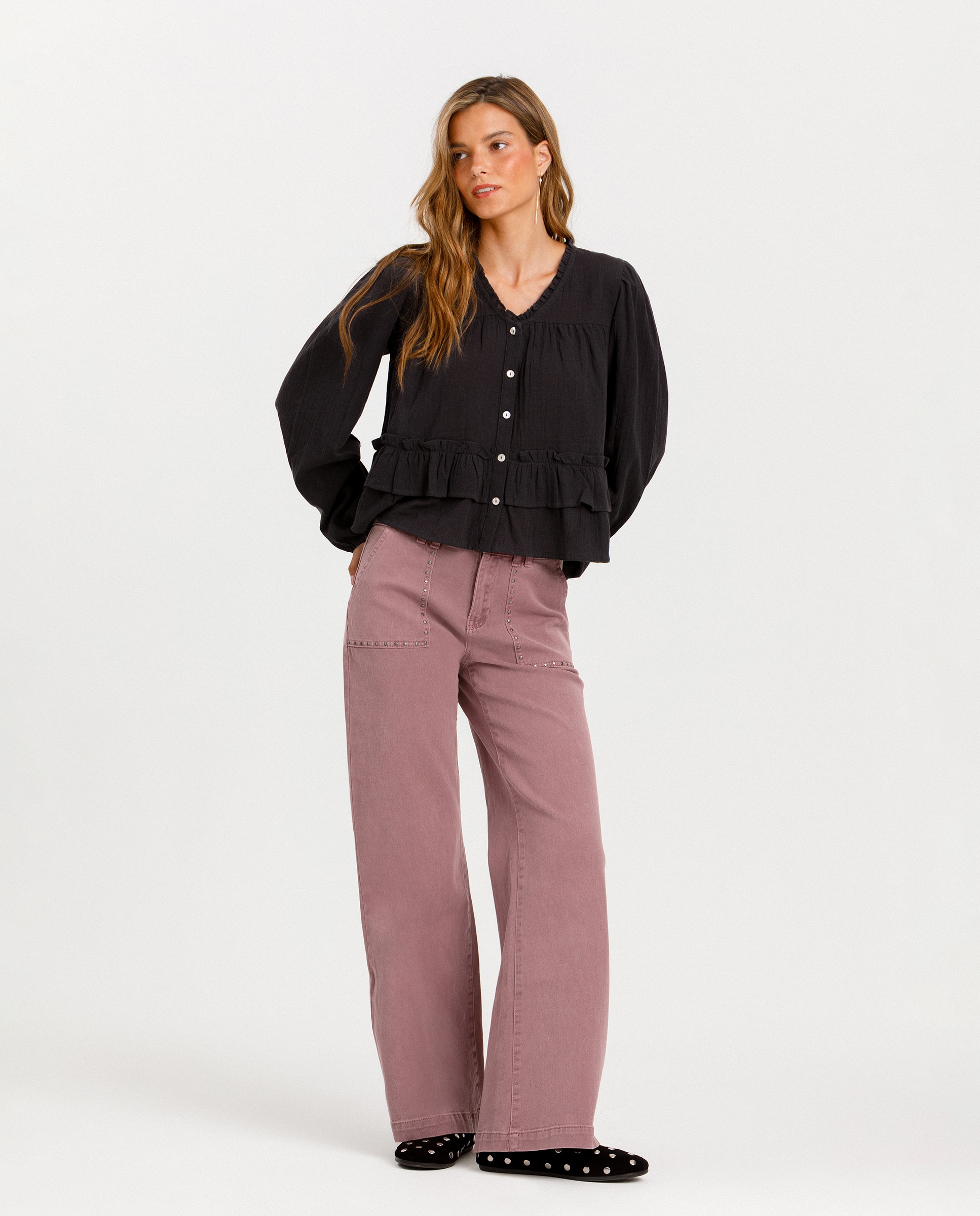 Blusa de mujer detalle doble volante - Noon - Antracita / Gris Antracita / Gris-4