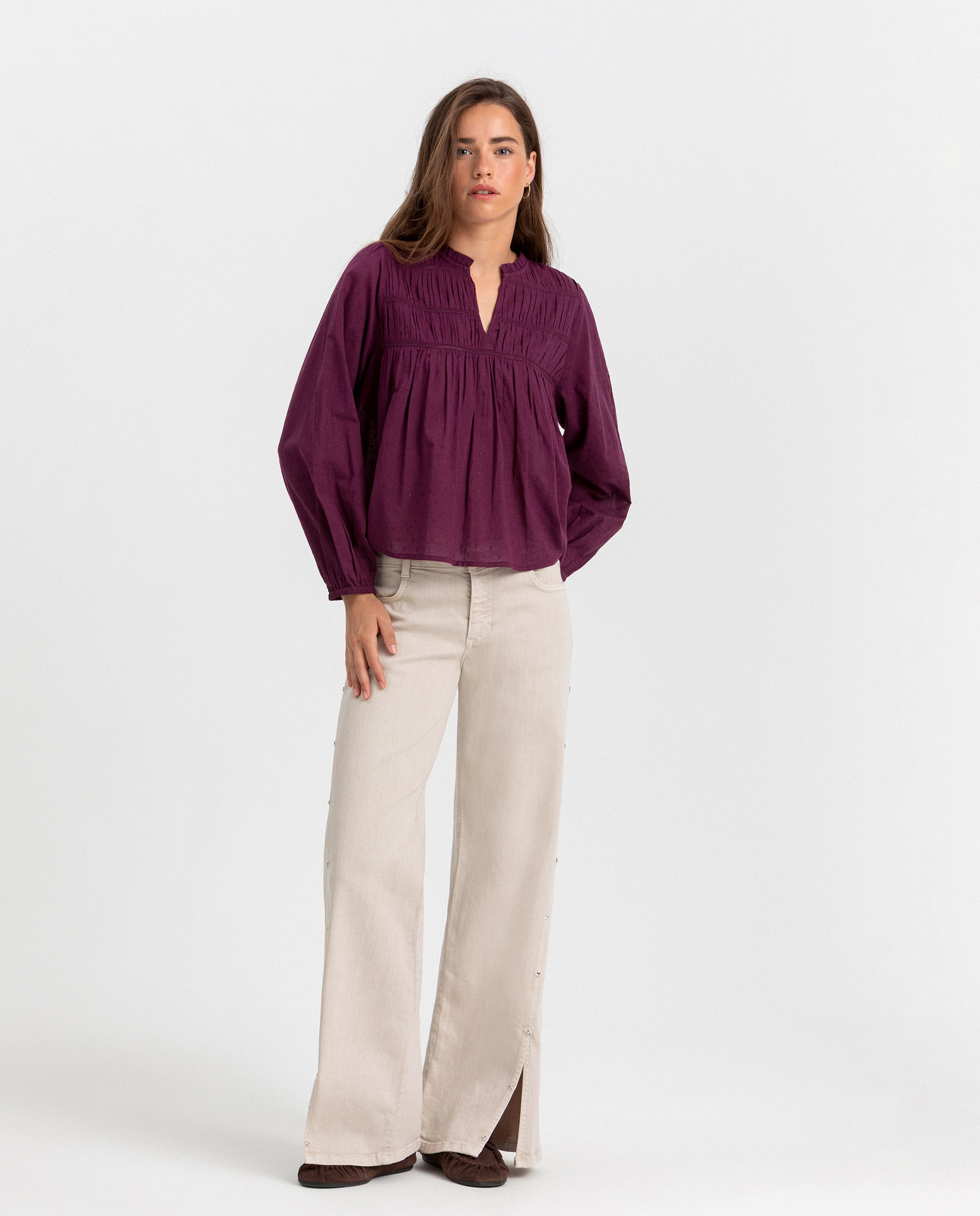Blusa de mujer con detalle entredós - Noon - Burdeos Burdeos-3