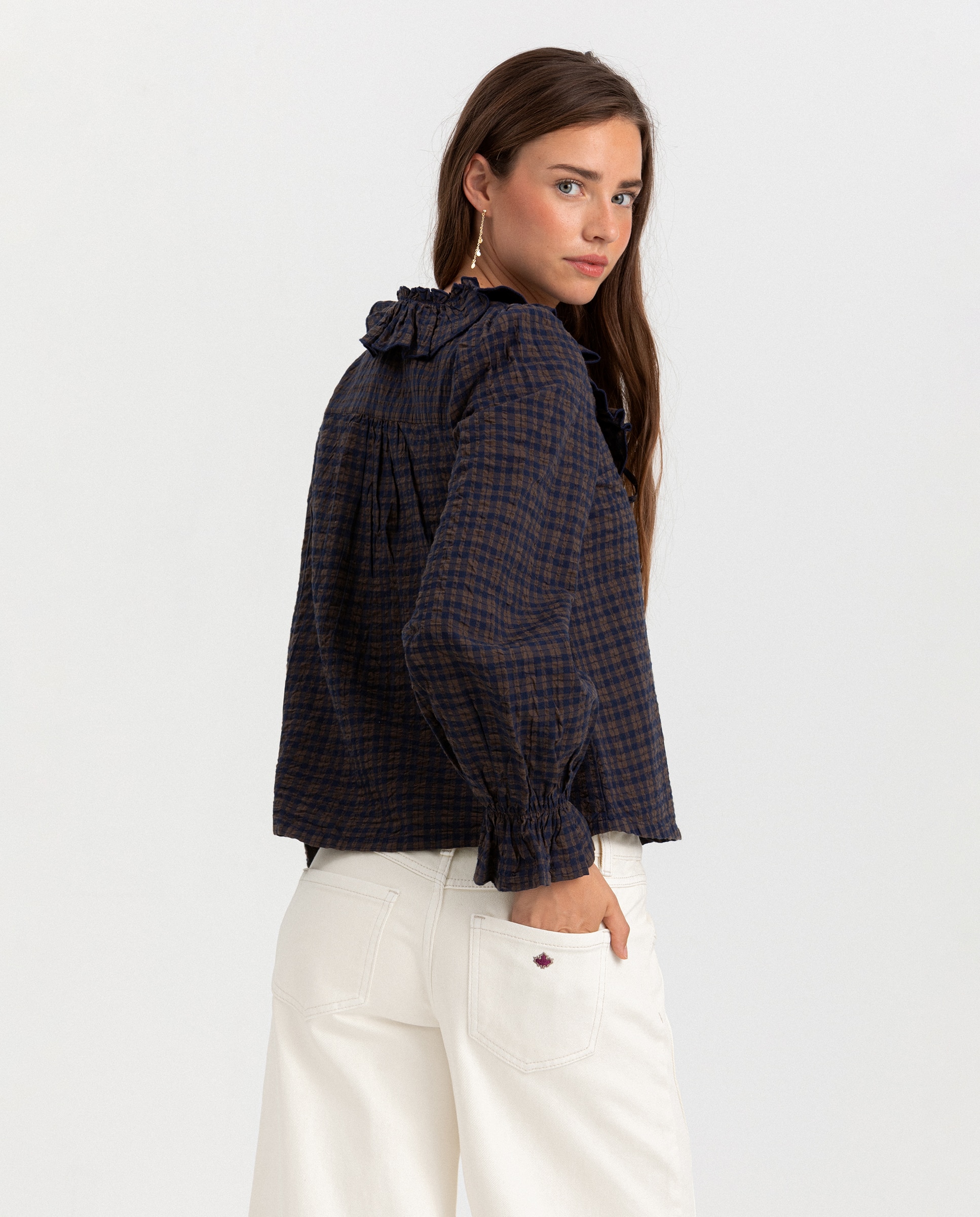Blusa de mujer cuadros volantes - Noon - Azul oscuro Azul oscuro-2