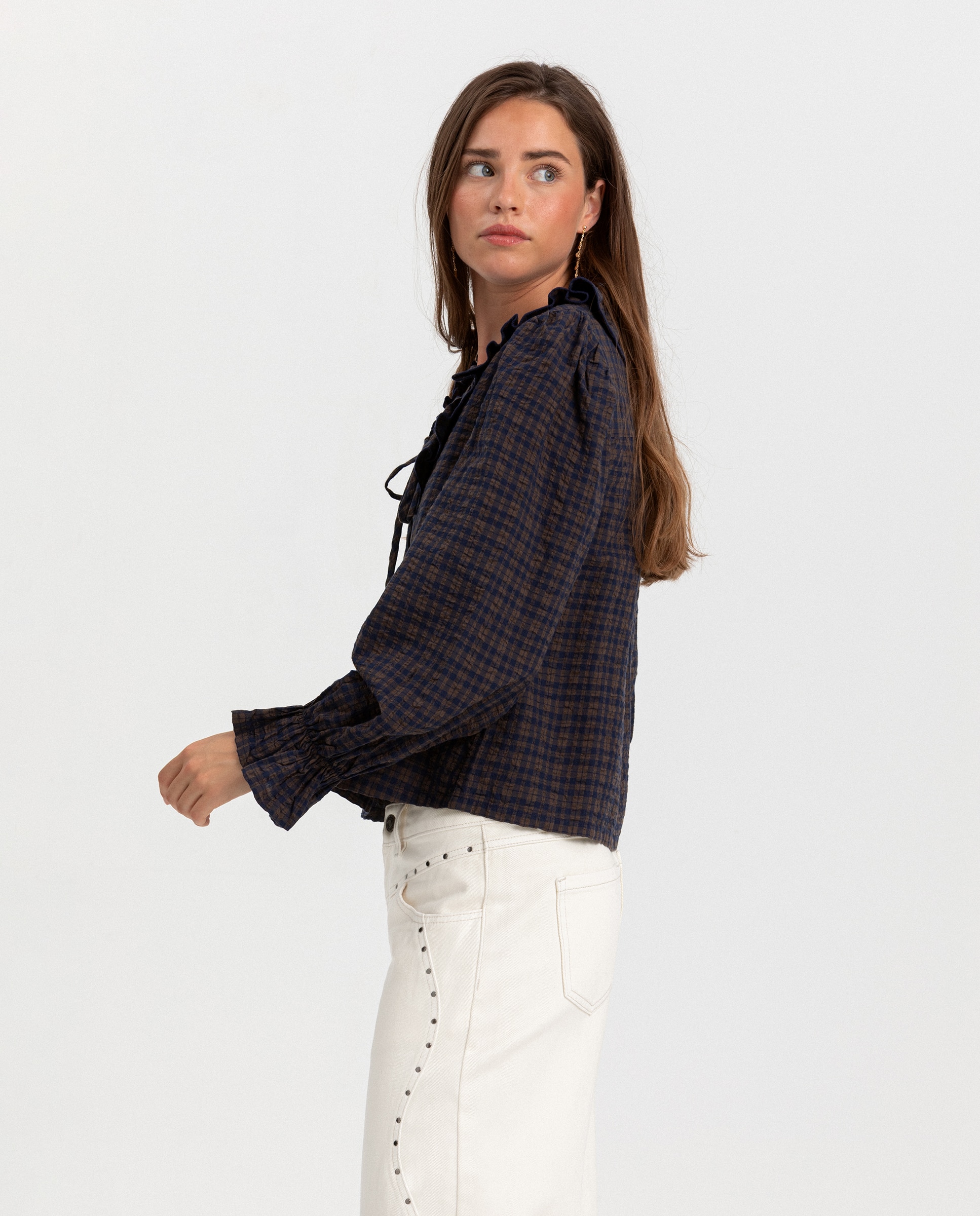 Blusa de mujer cuadros volantes - Noon - Azul oscuro Azul oscuro-3