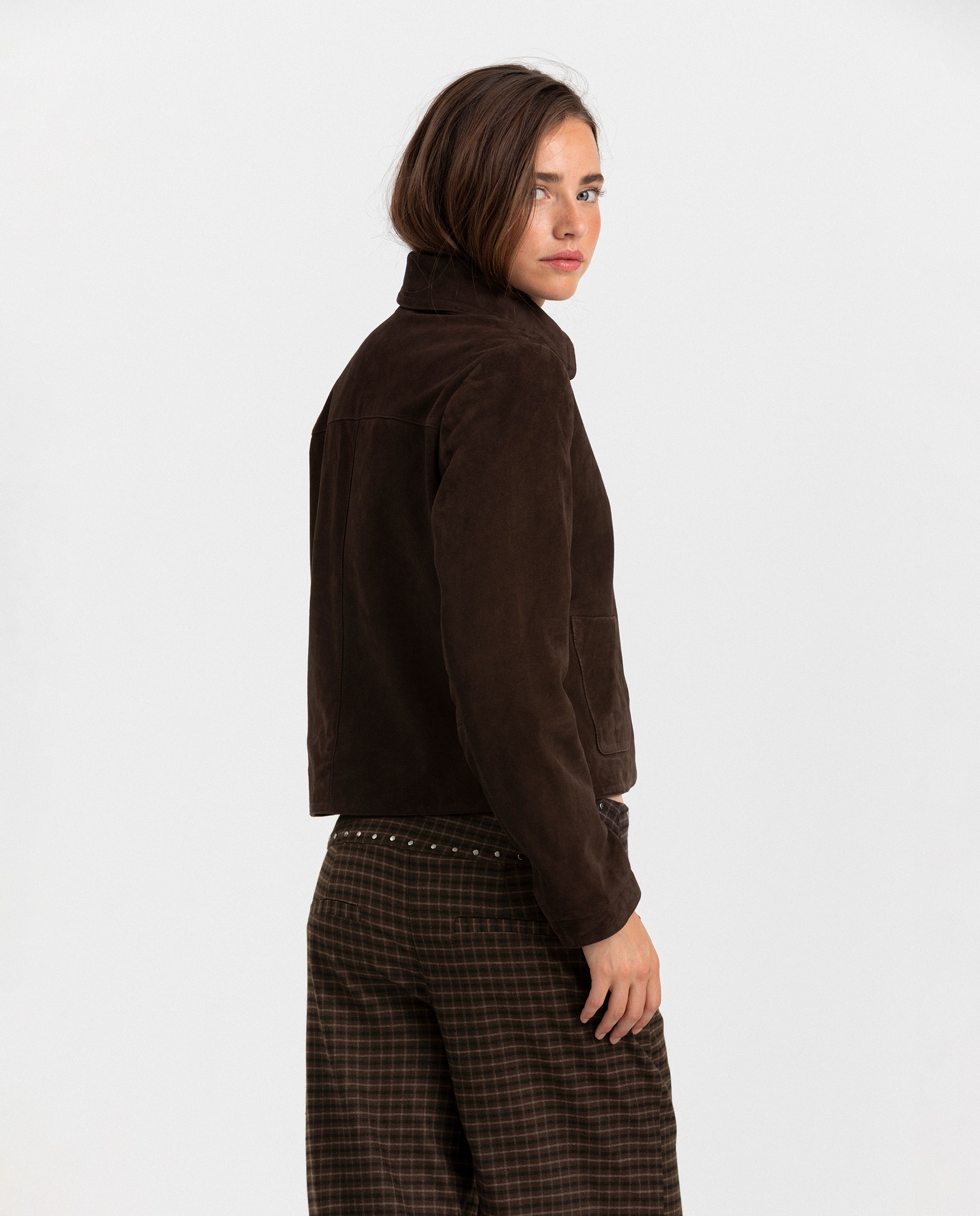Chaqueta corta de mujer de ante con bolsillos - Noon - Marrón Marrón-2