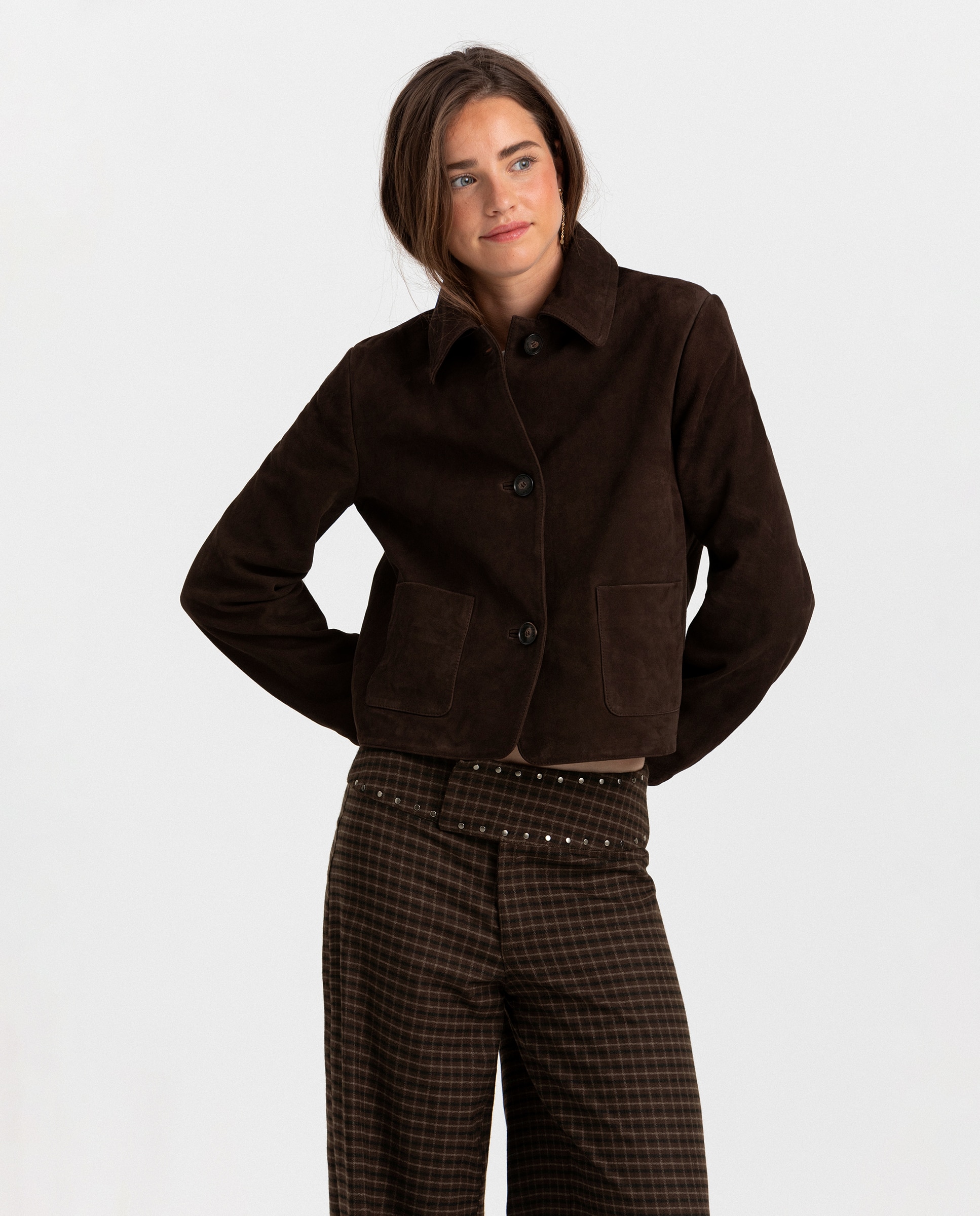 Chaqueta corta de mujer de ante con bolsillos - Noon - Marrón Marrón-3