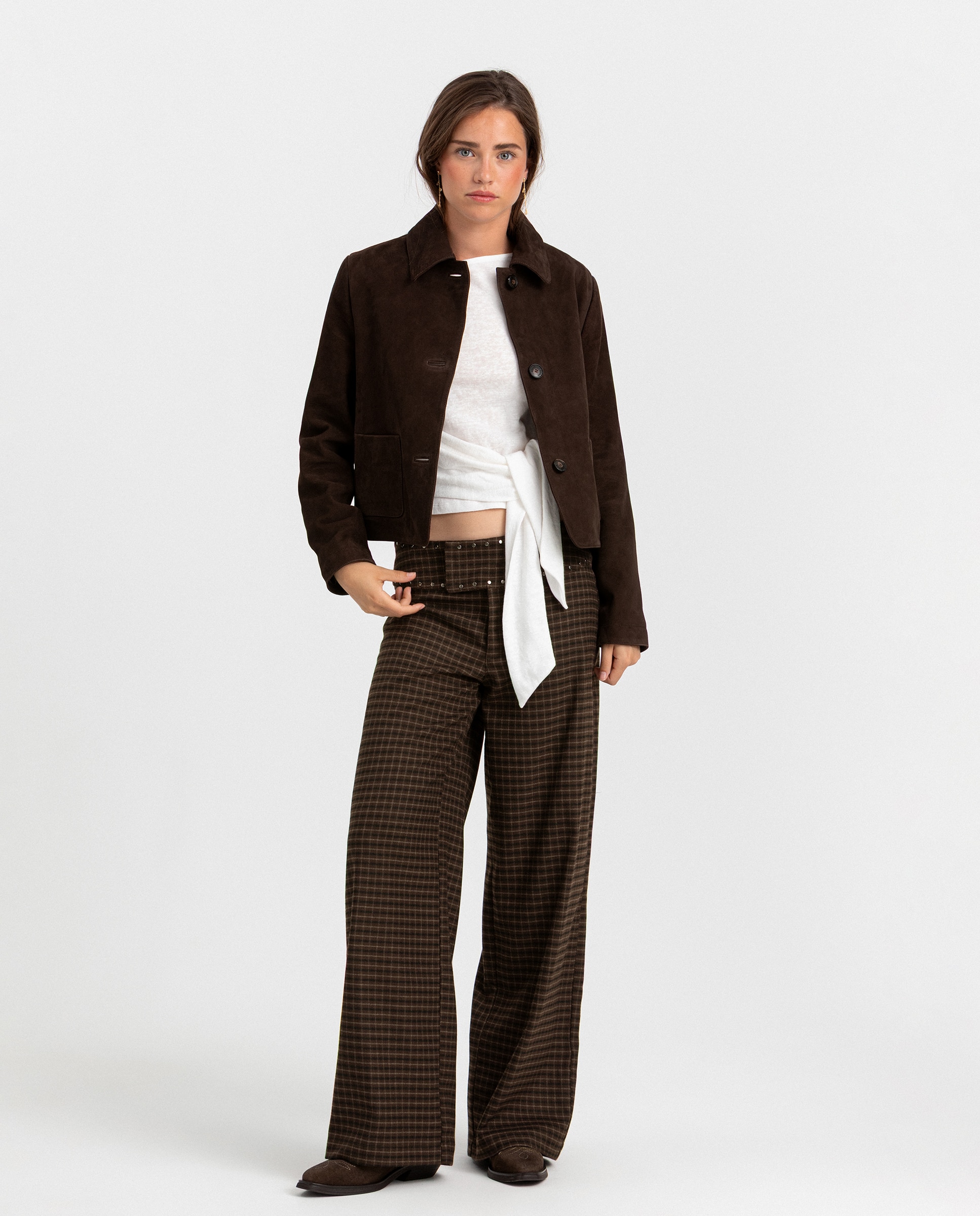 Chaqueta corta de mujer de ante con bolsillos - Noon - Marrón Marrón-4