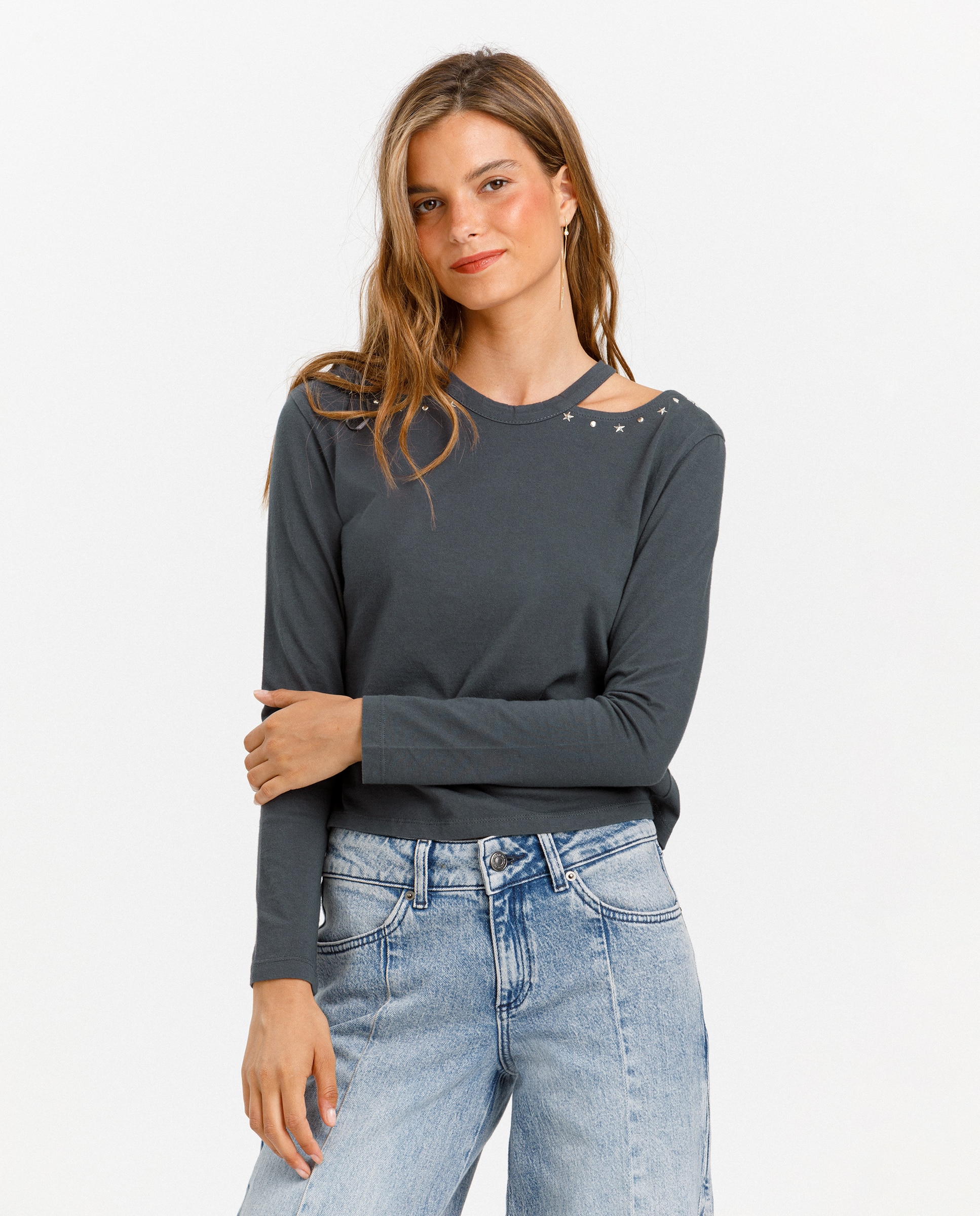 Camiseta de mujer manga larga cut out - Noon - Antracita / Gris Antracita / Gris-1