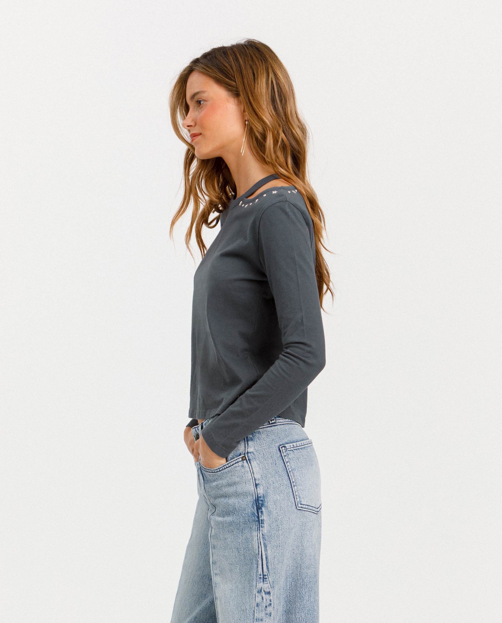 Camiseta de mujer manga larga cut out - Noon - Antracita / Gris Antracita / Gris-3