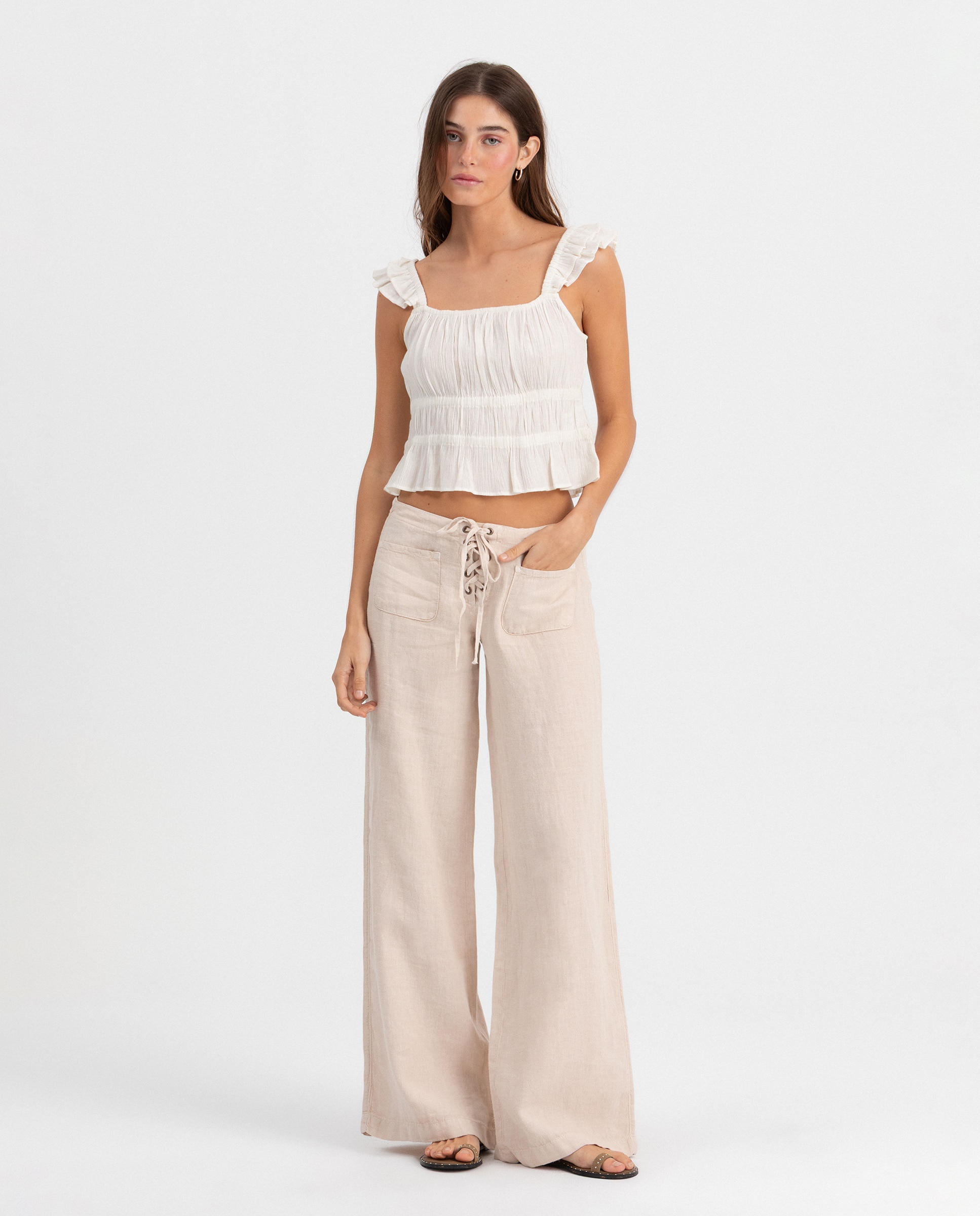 Noon - Pantalón lino de mujer con cordón.