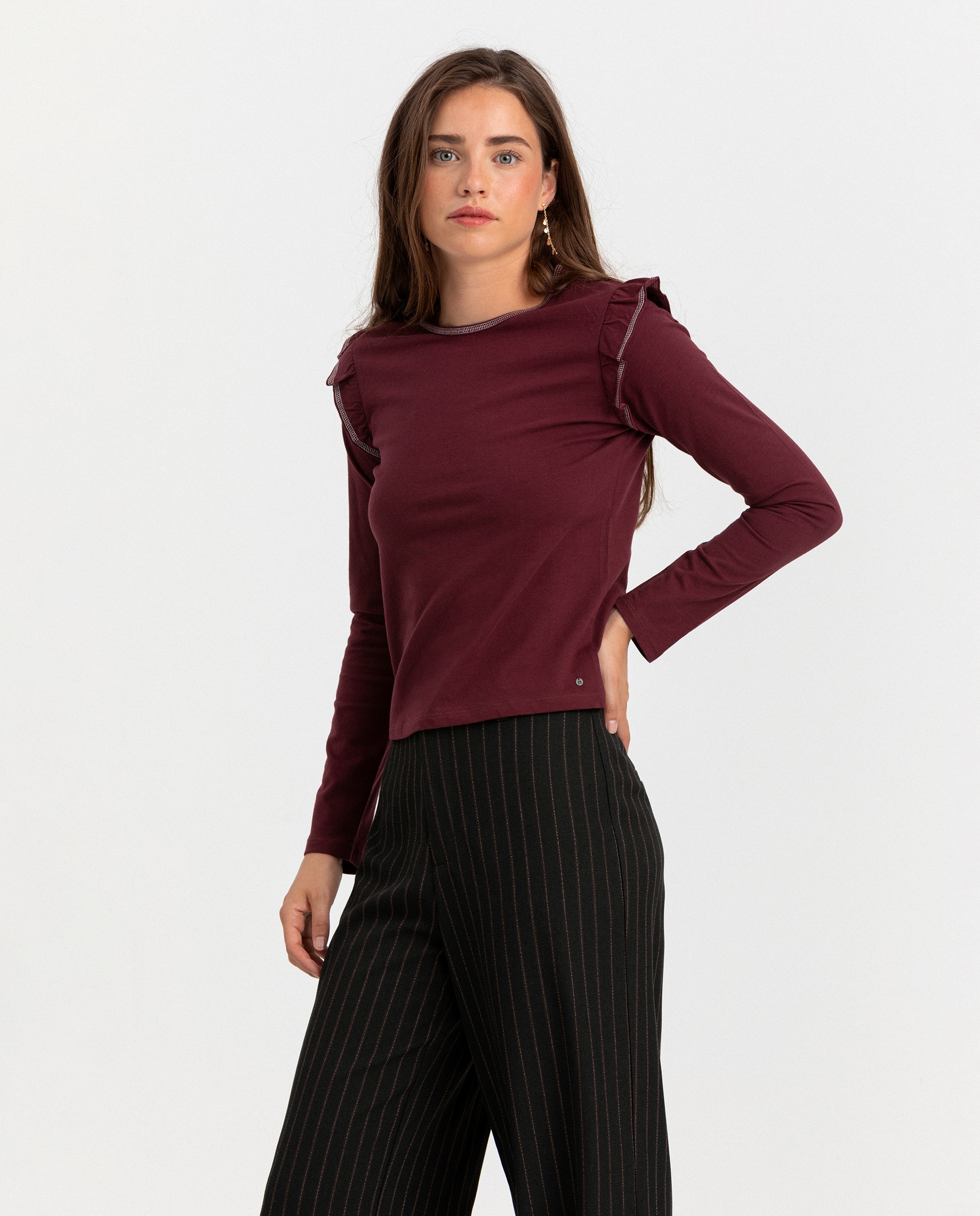 Camiseta manga larga mujer volantes hombro - Noon - Burdeos Burdeos-3