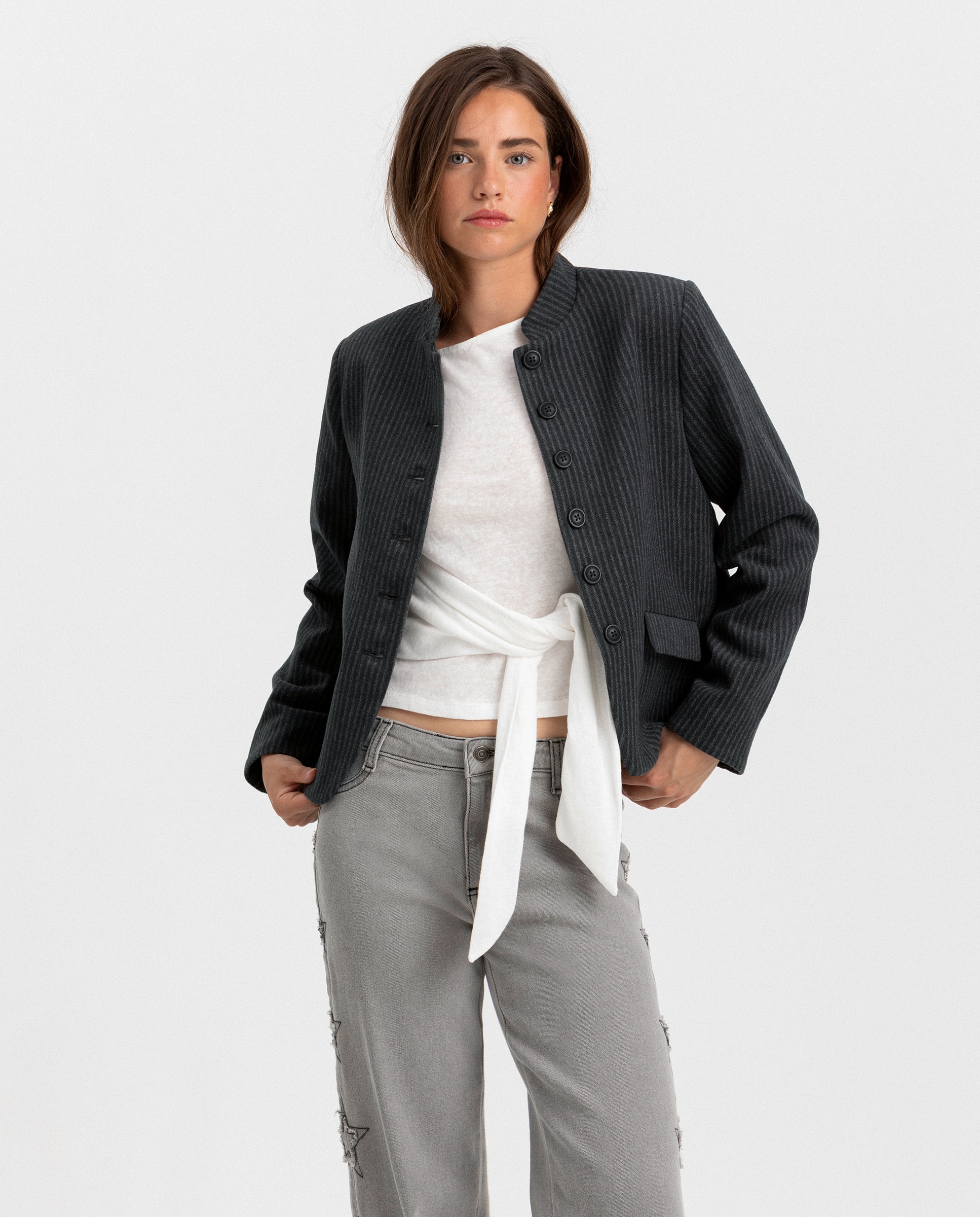 Chaqueta austriaca de mujer a rayas - Noon - Gris Gris-1