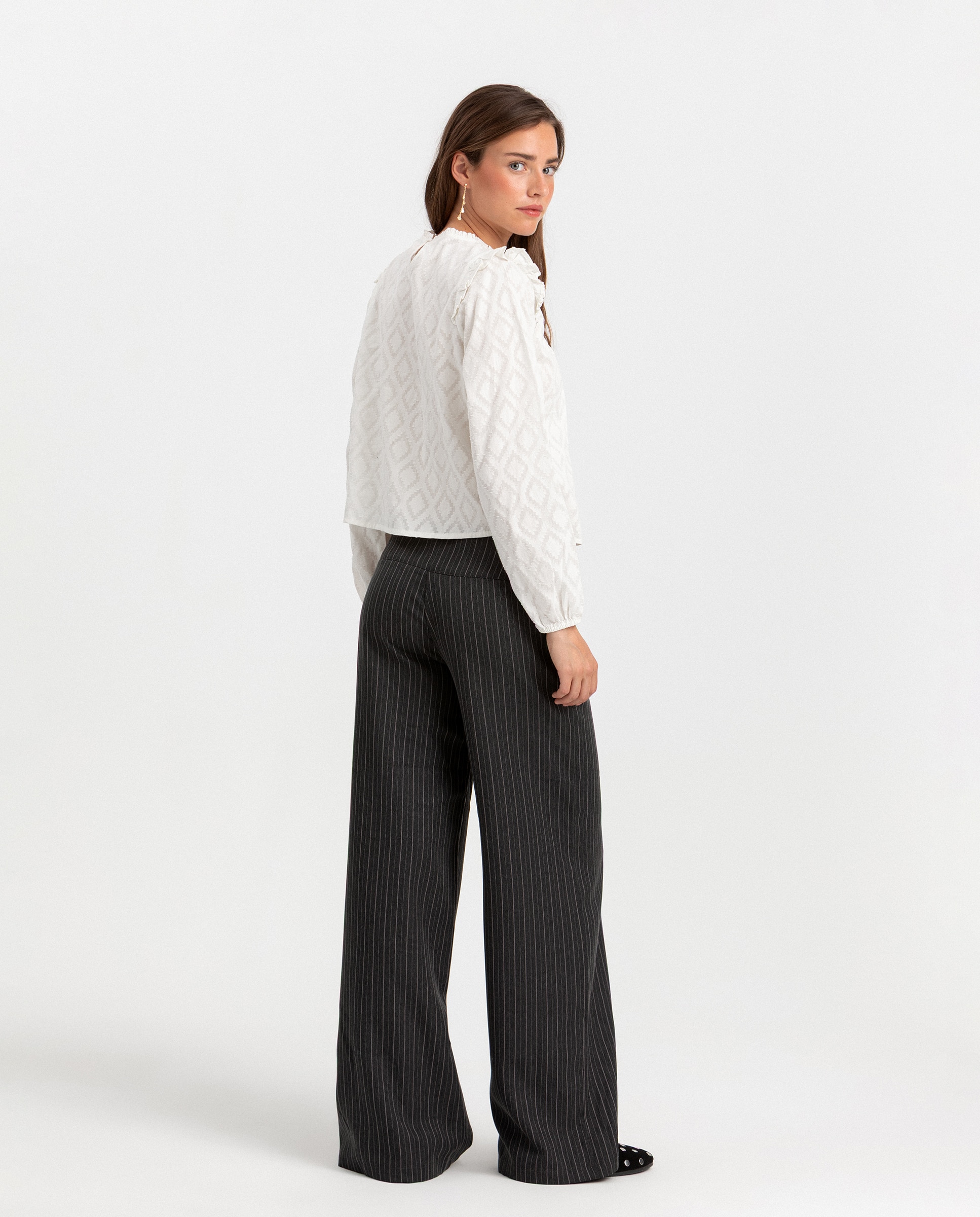 Pantalón a rayas de mujer con lazada - Noon - Gris Gris-2