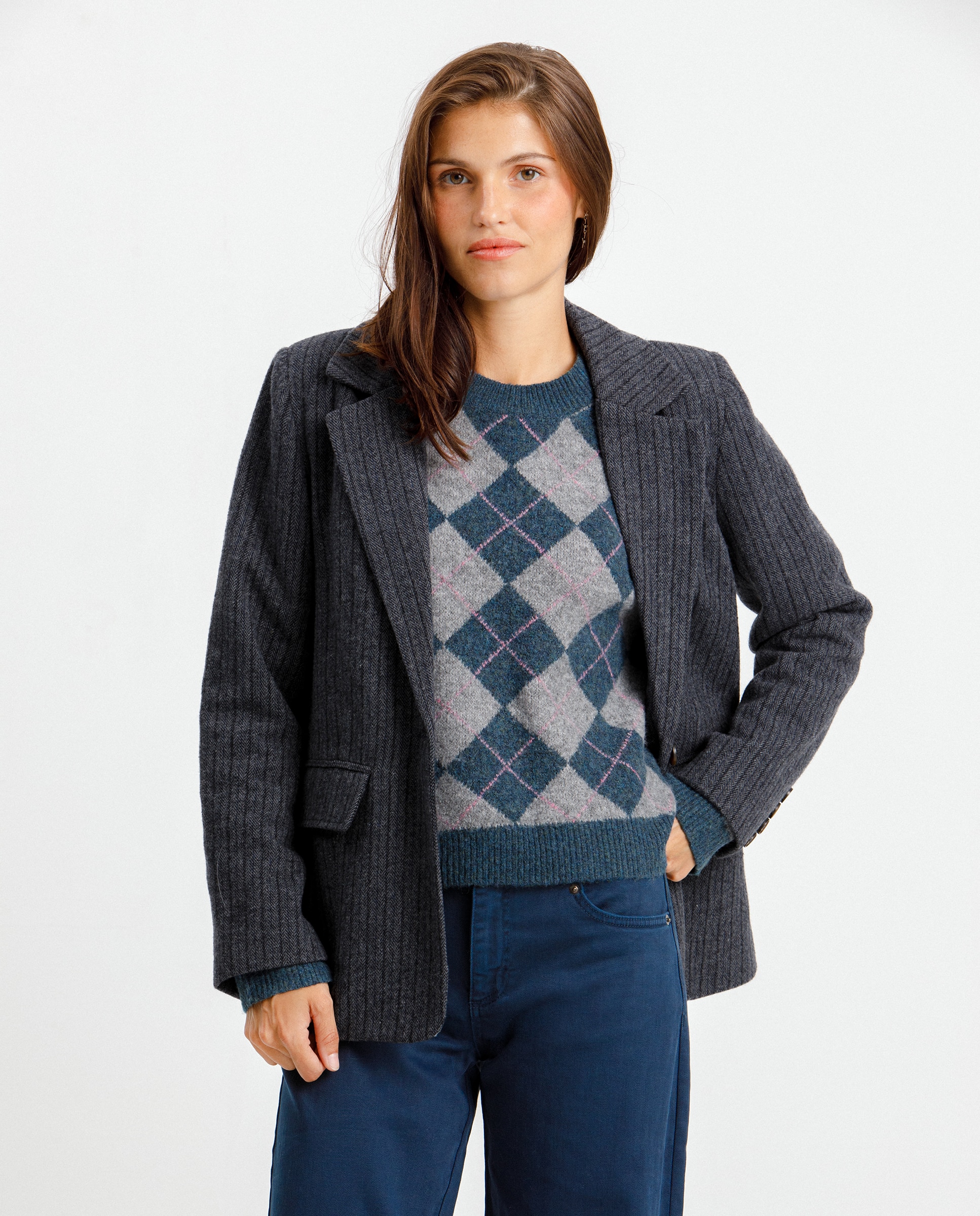 Imagen 3 de Blazer recta de mujer con estampado de rayas - Noon - Azul Azul