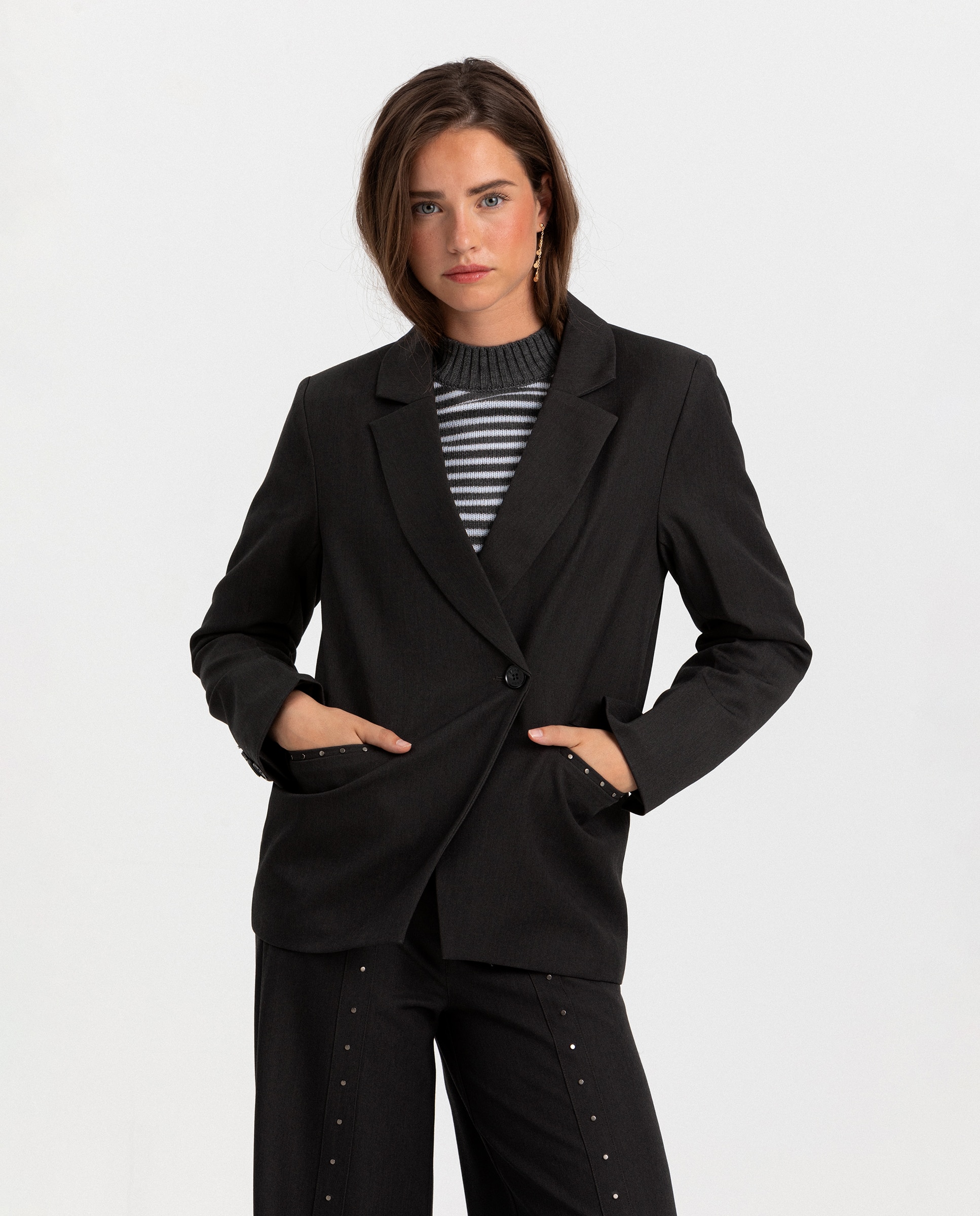 Blazer de mujer con detalle tachuelas en el bolsillo - Noon - Antracita / Gris Antracita / Gris-3