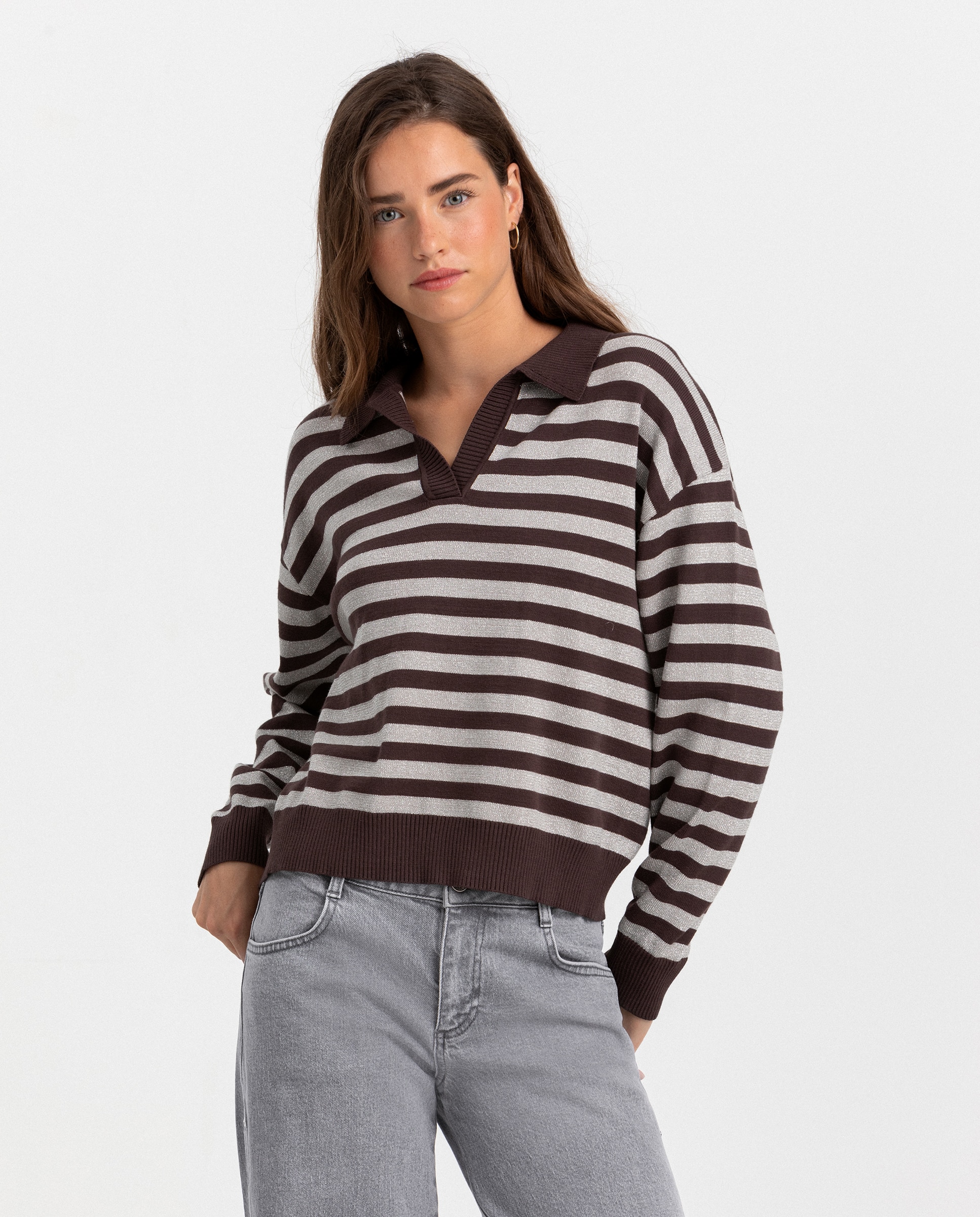 Jersey rayas de mujer con cuello polo - Noon - Marrón Marrón-1