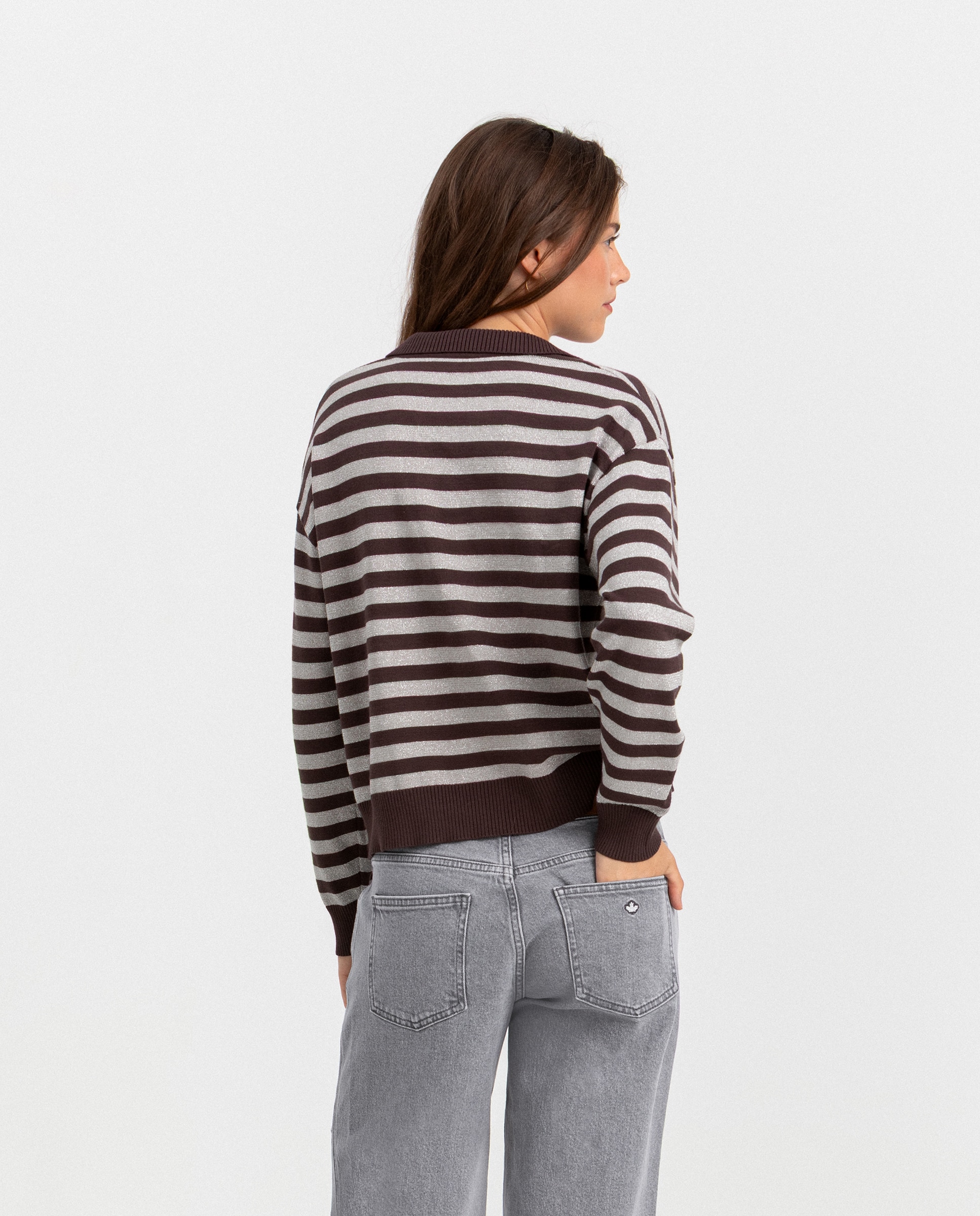 Jersey rayas de mujer con cuello polo - Noon - Marrón Marrón-2