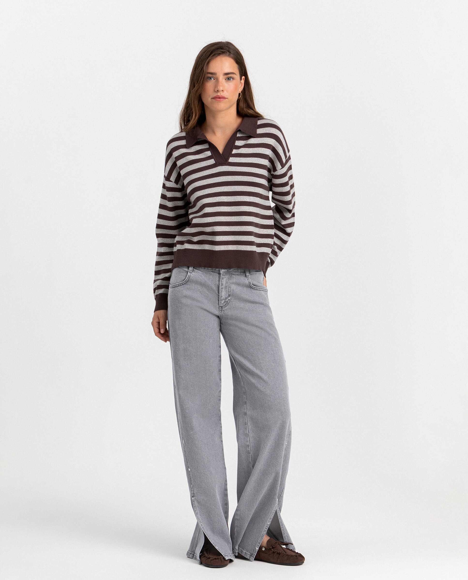 Jersey rayas de mujer con cuello polo - Noon - Marrón Marrón-4