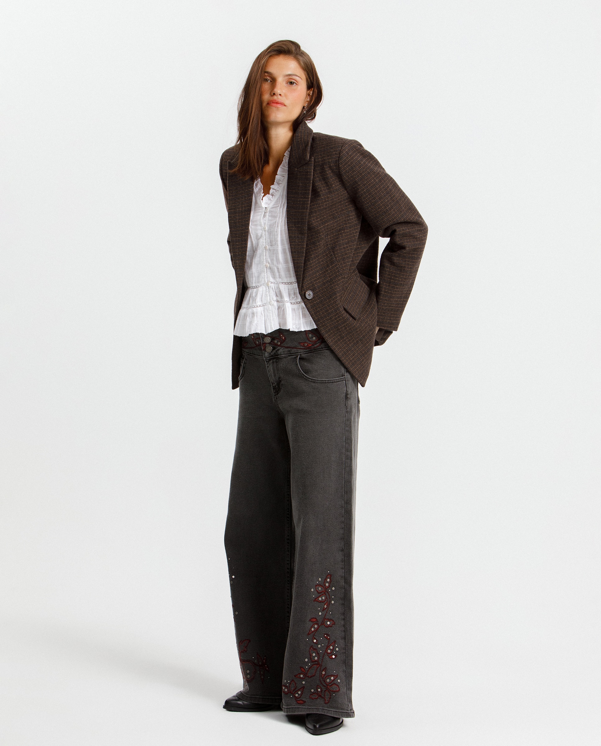Blazer de mujer a cuadros cuellos solapa - Noon - Marrón Marrón-4