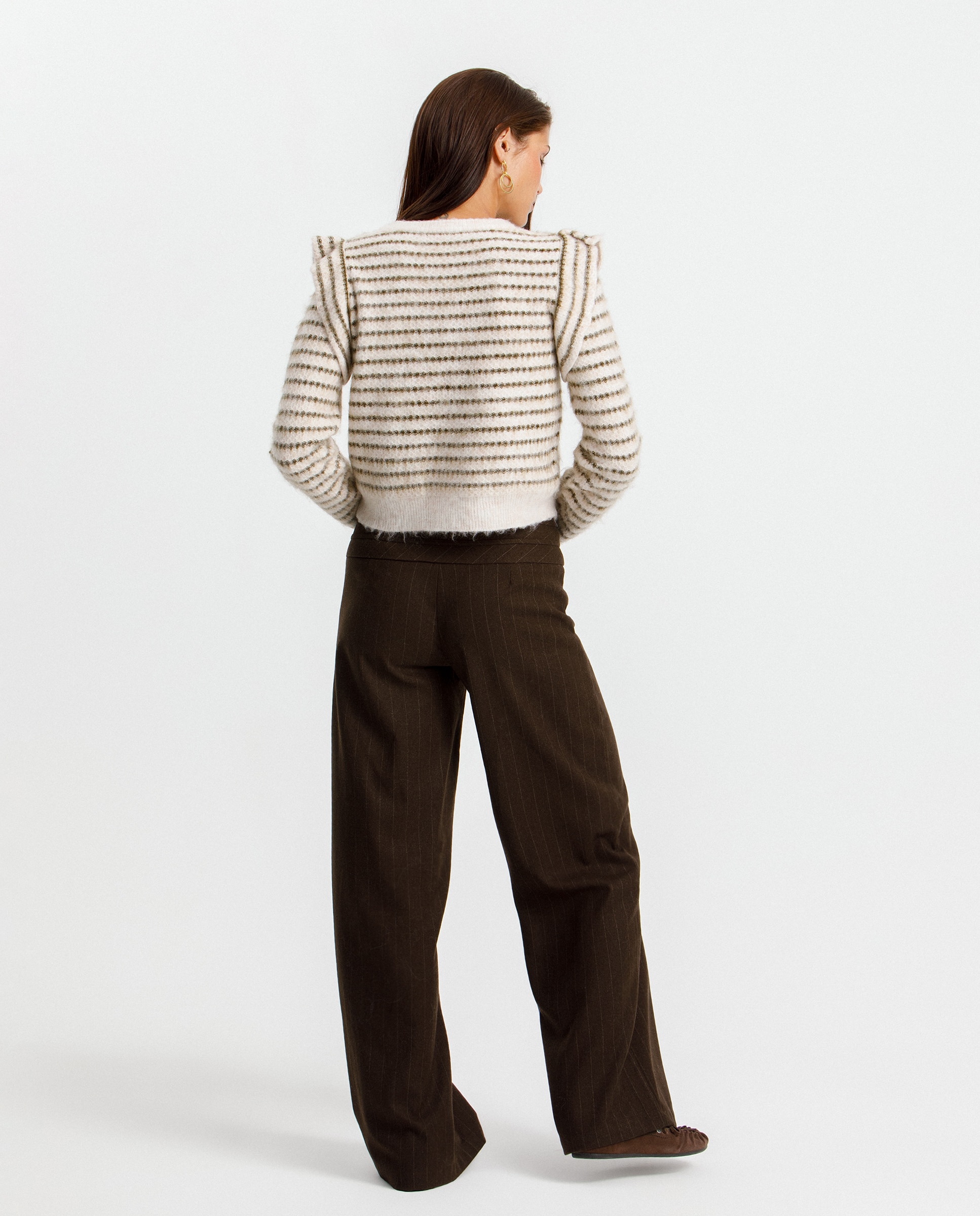 Pantalón ancho de mujer a rayas con lazo - Noon - Marrón Marrón-2