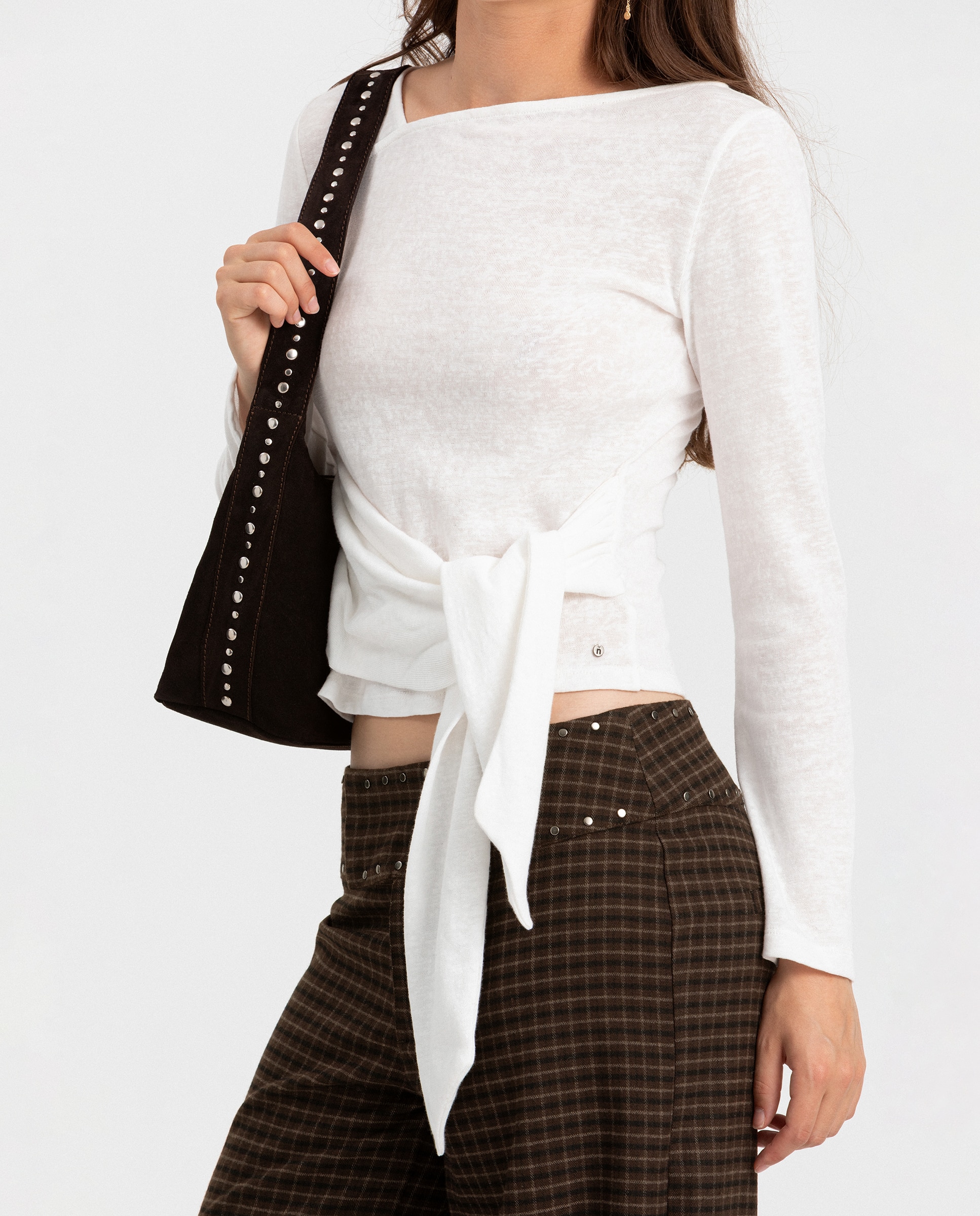 Pantalón ancho de mujer de cuadros - Noon - Marrón Marrón-2