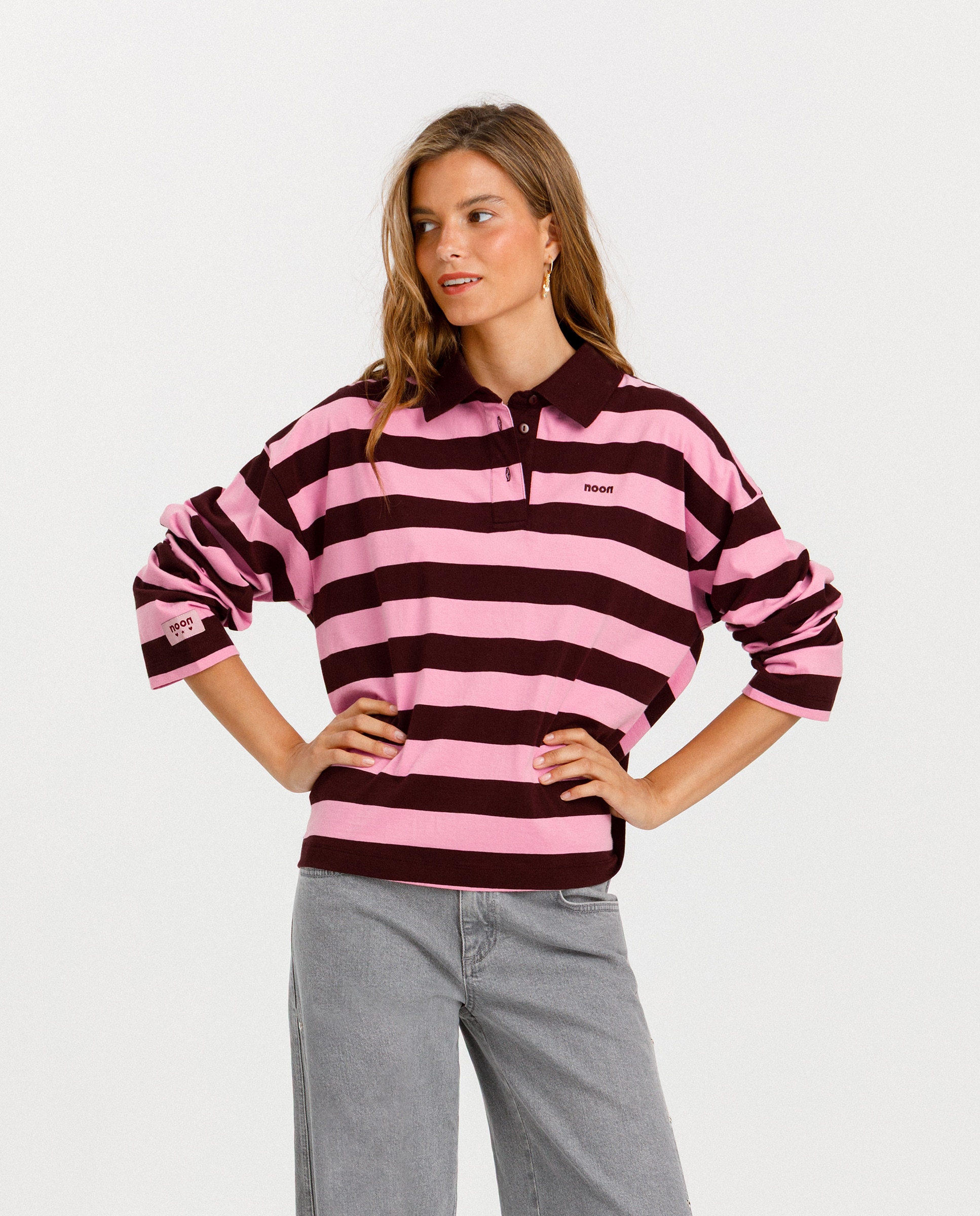 Imagen 0 de Camiseta rayas de mujer cuello polo Rosa