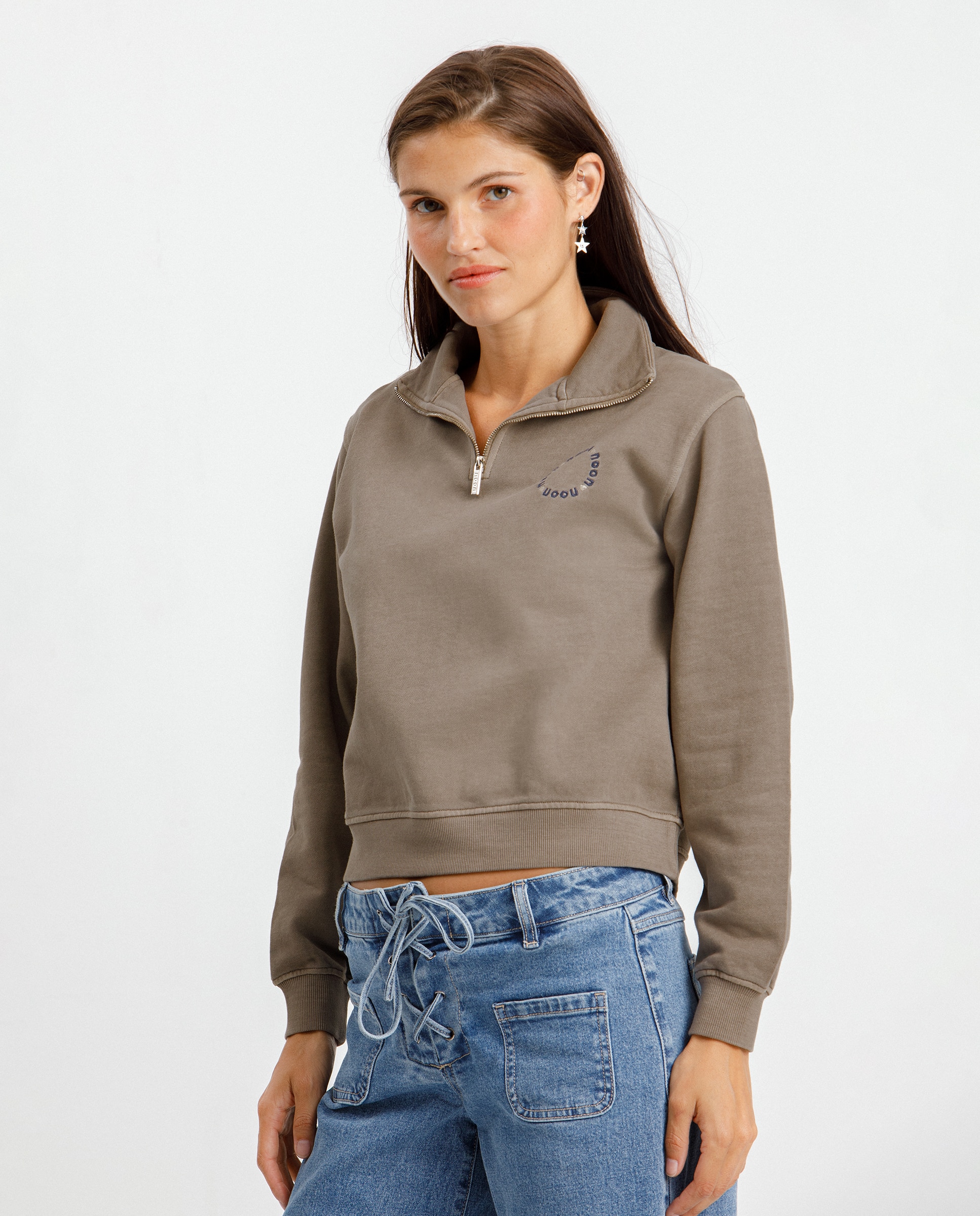 Imagen 1 de Sudadera de mujer cuello polo estampado logo Marrón claro