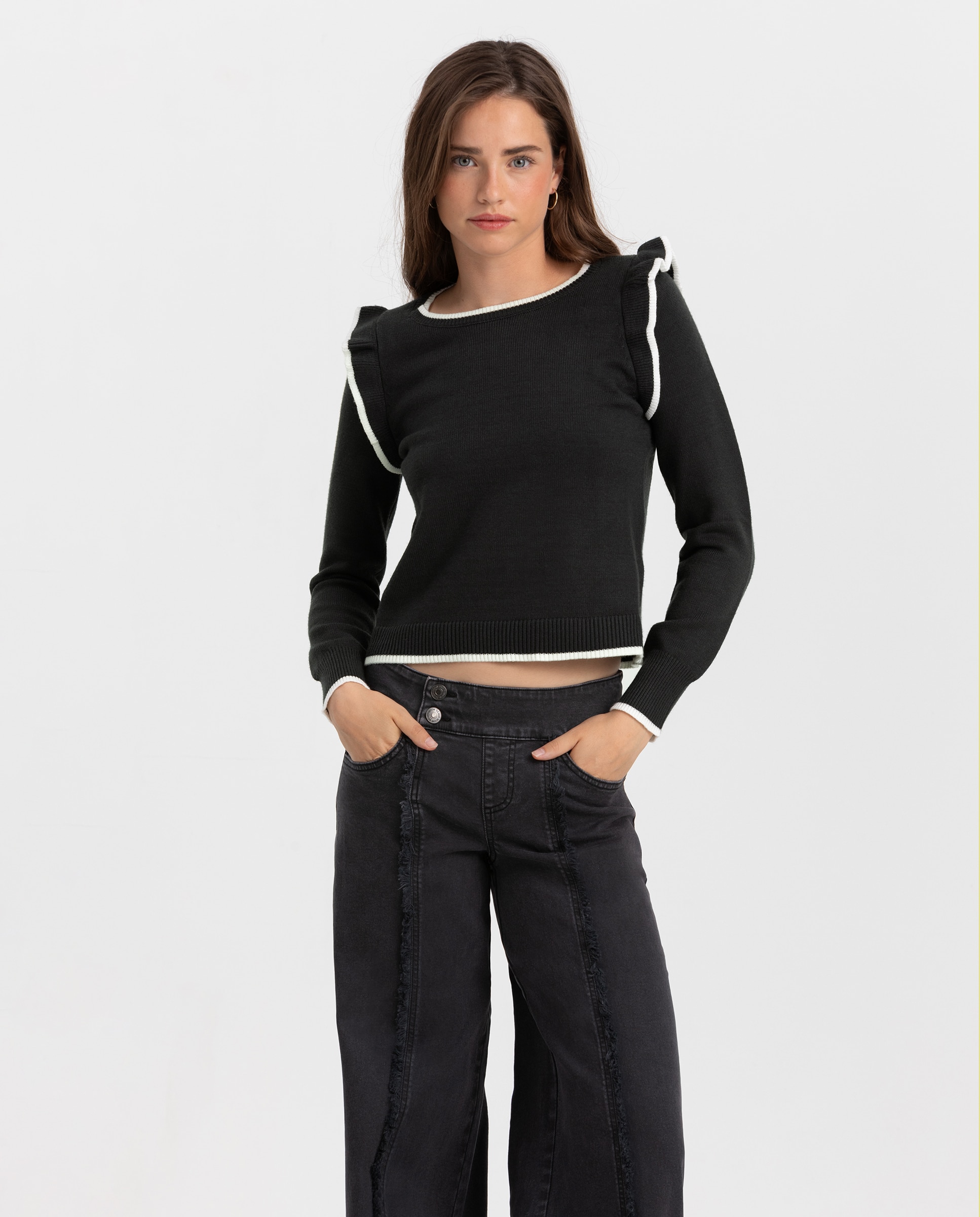 Jersey manga larga de mujer con volantes - Noon - Antracita / Gris Antracita / Gris-1