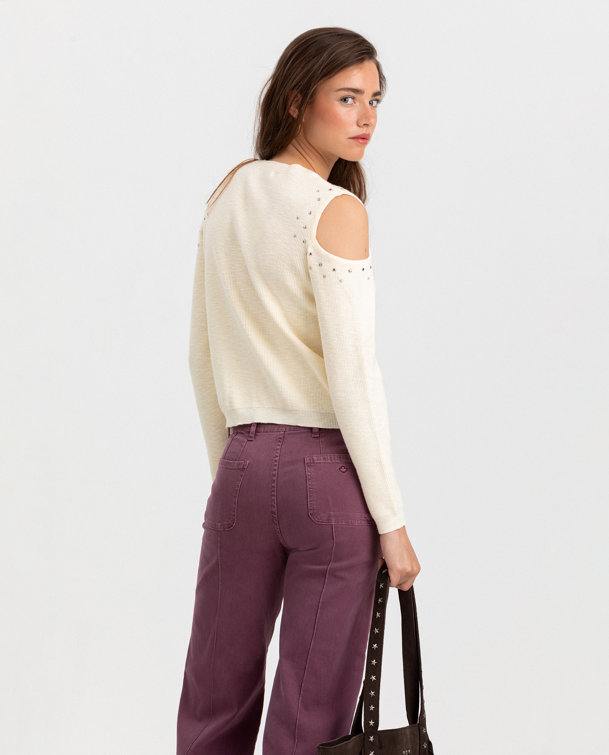 Jersey mujer hombros descubiertos con tachuelas - Noon - Crudo Crudo-2
