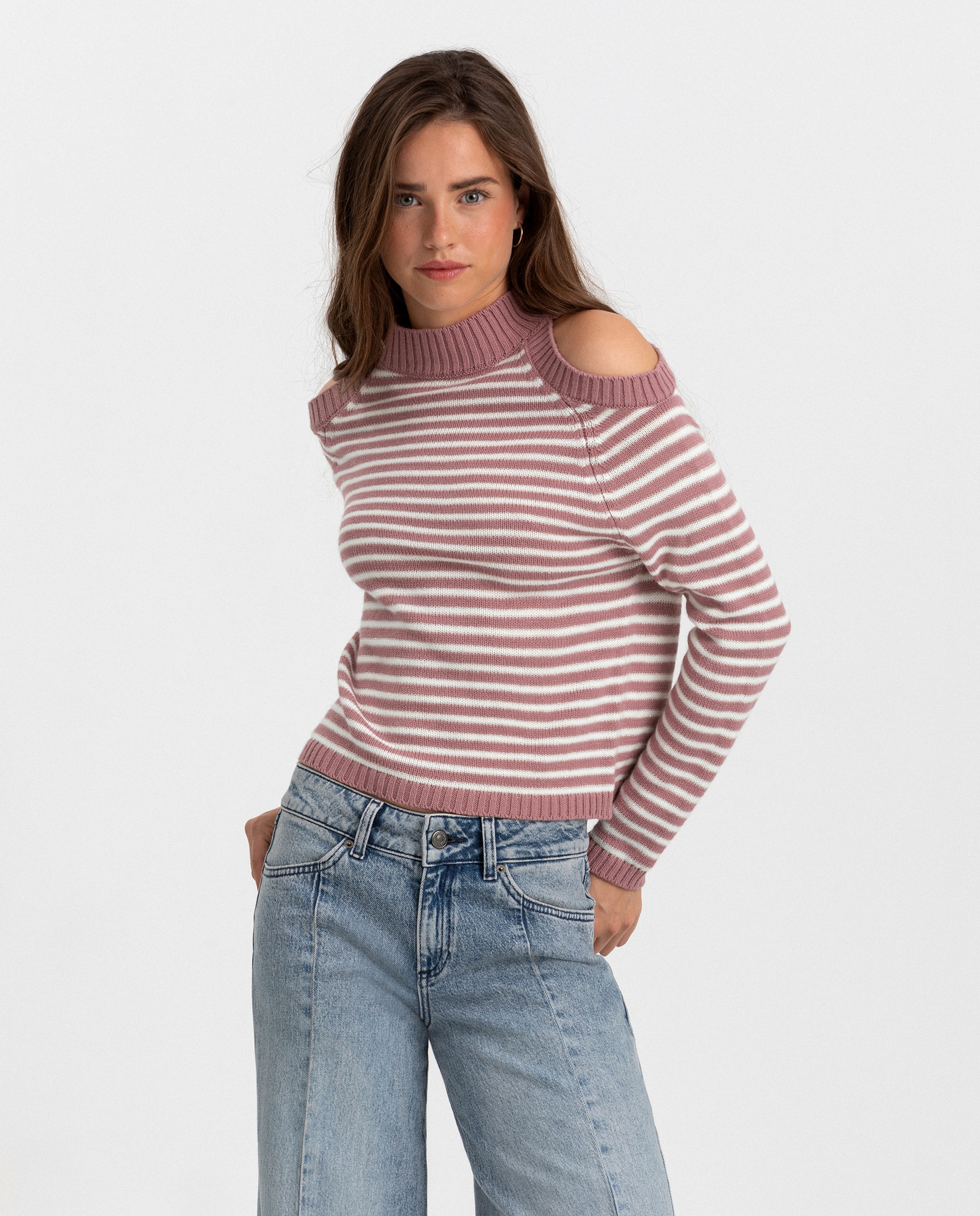 Imagen 0 de Jersey de mujer a rayas con abertura hombros Rosa