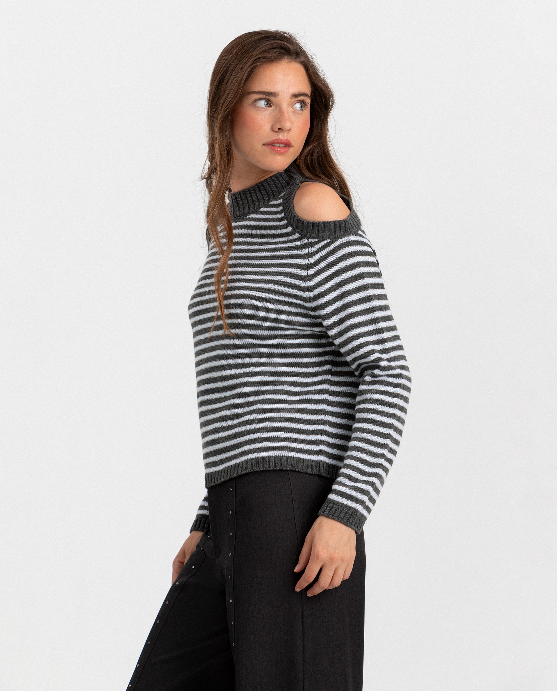 Jersey de mujer a rayas con abertura hombros - Noon - Gris Gris-1