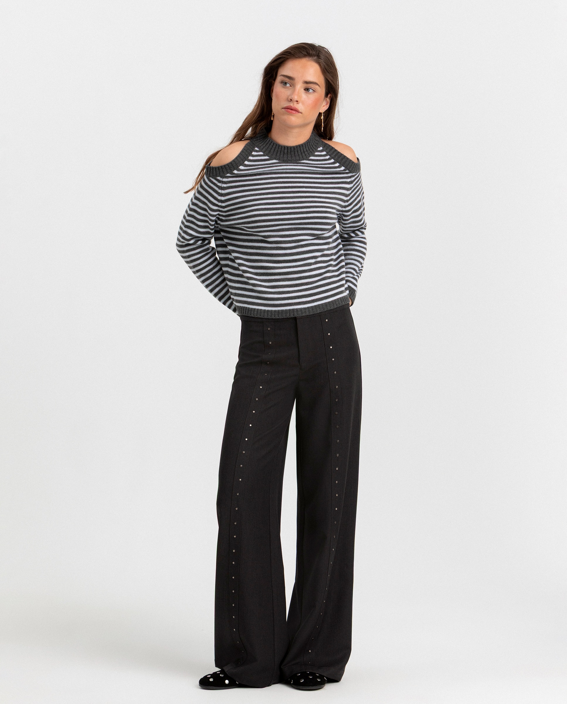 Jersey de mujer a rayas con abertura hombros - Noon - Gris Gris-3