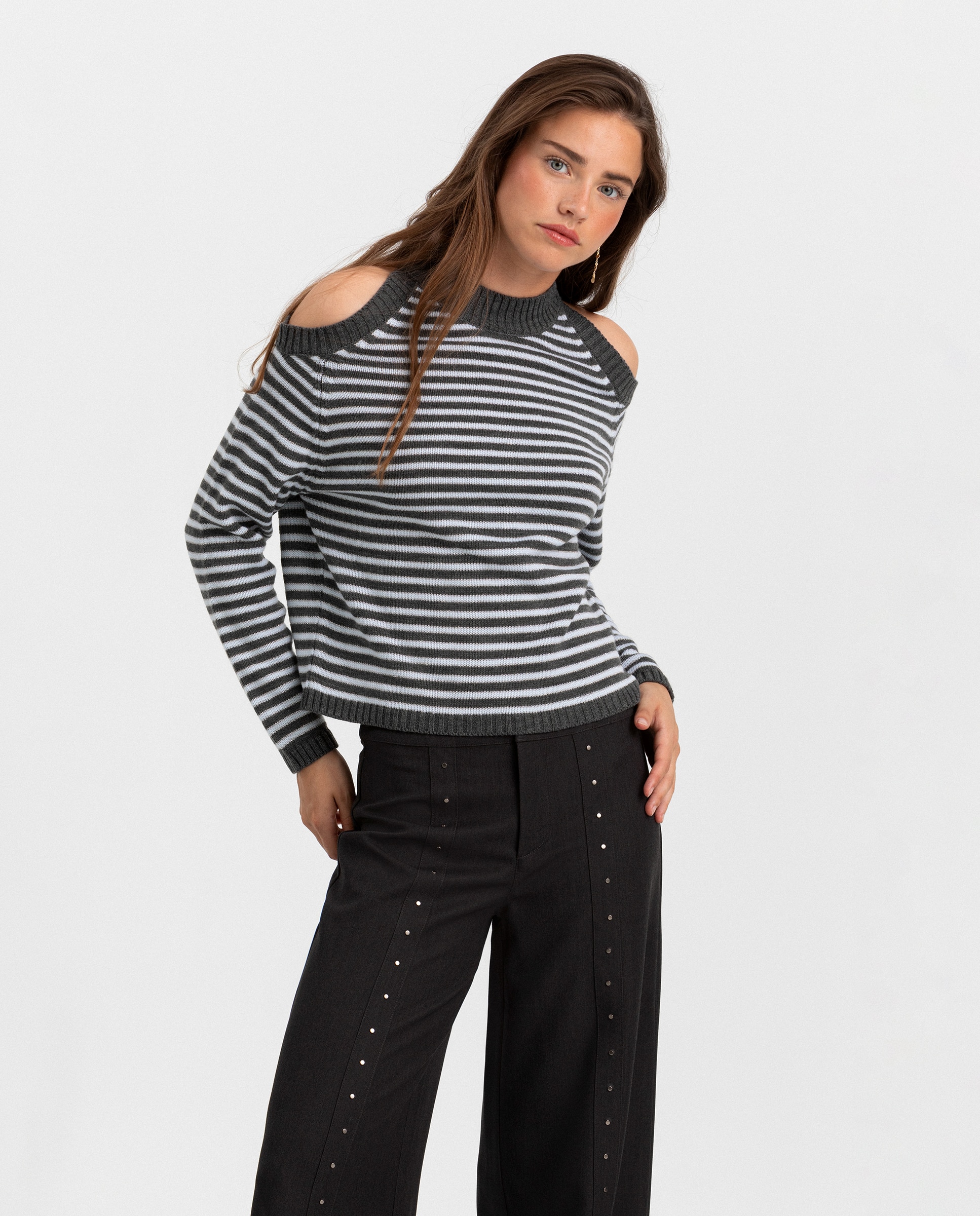 Jersey de mujer a rayas con abertura hombros - Noon - Gris Gris-4