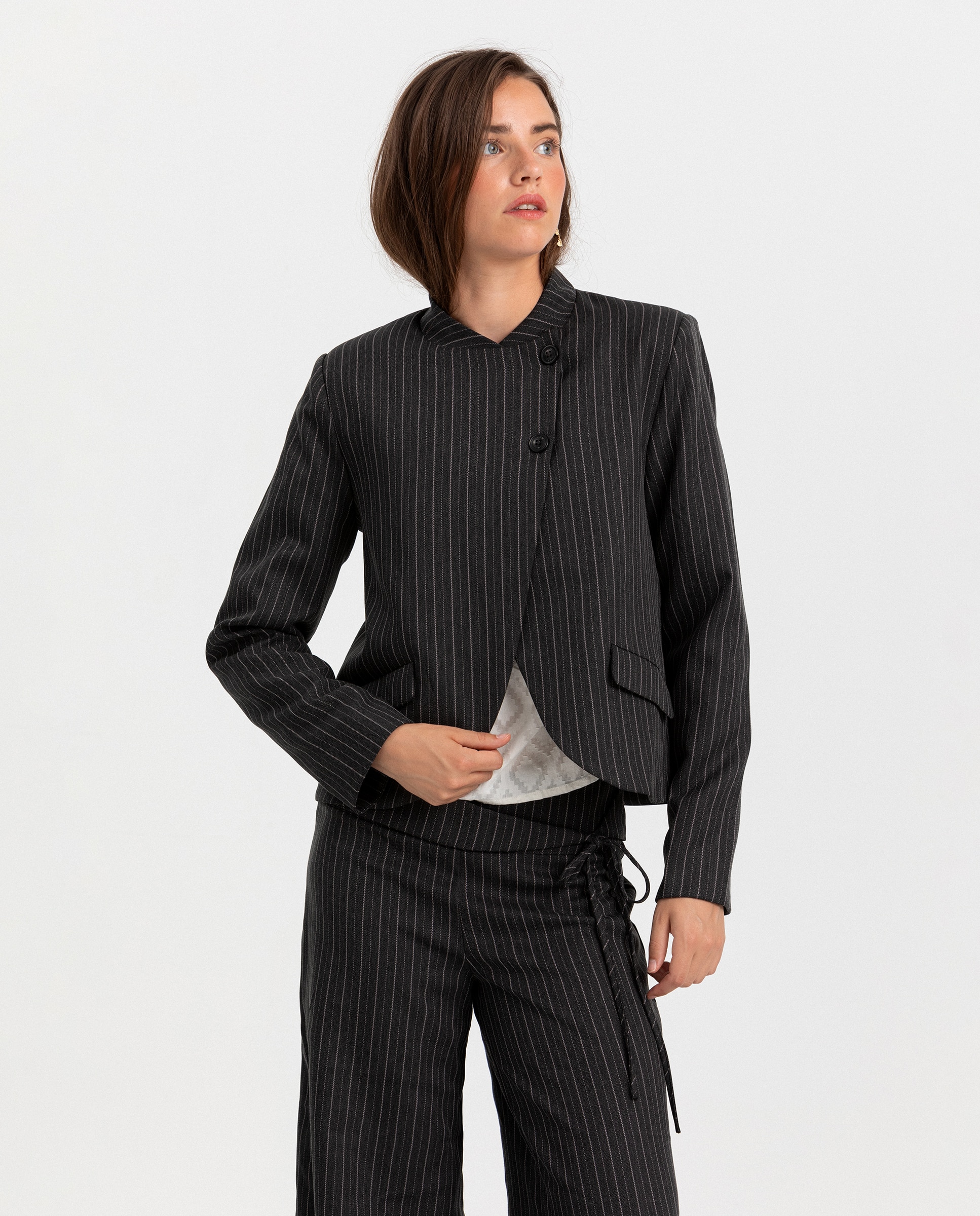 Blazer cruzada de rayas de mujer - Noon - Gris Gris-1