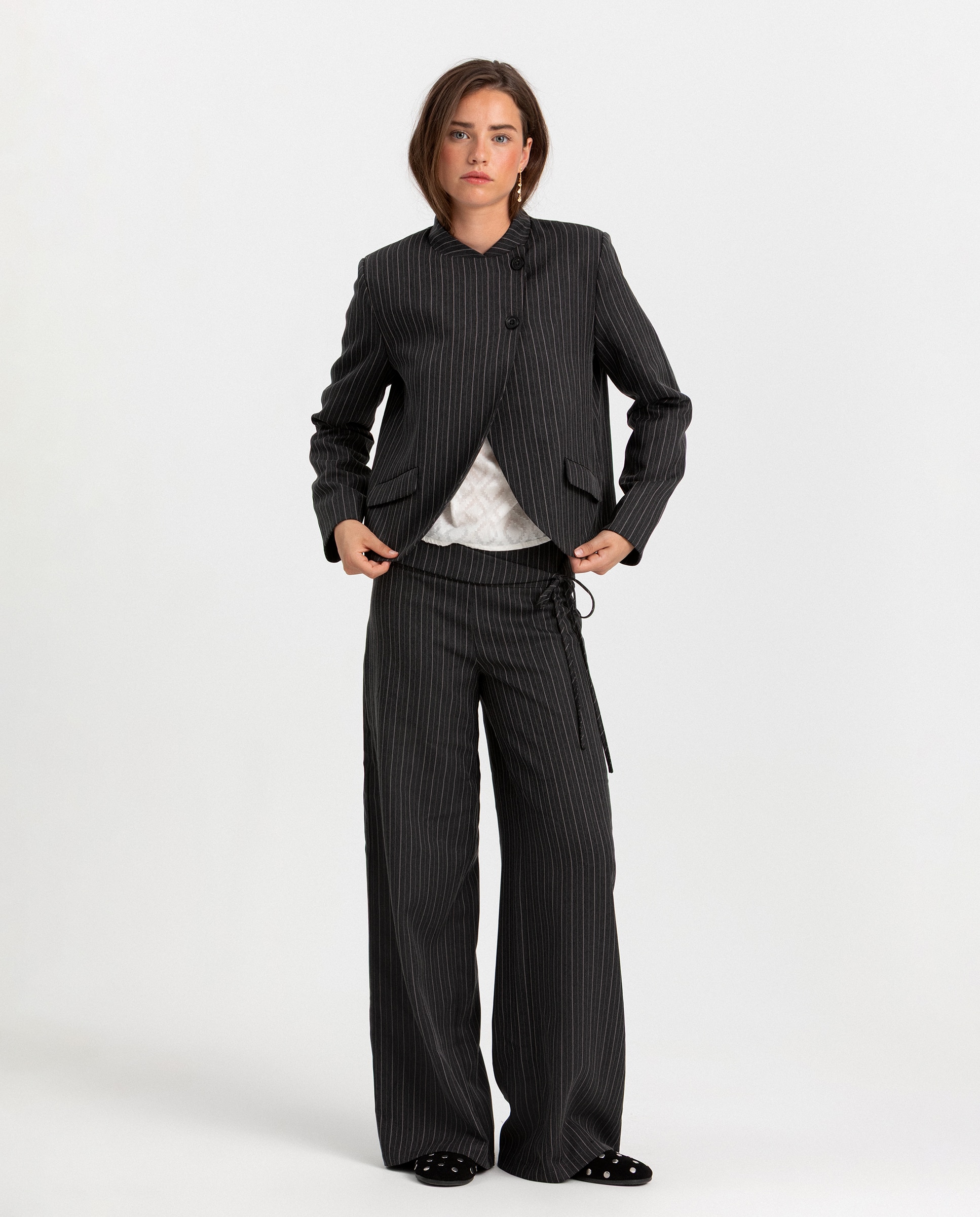 Blazer cruzada de rayas de mujer - Noon - Gris Gris-3