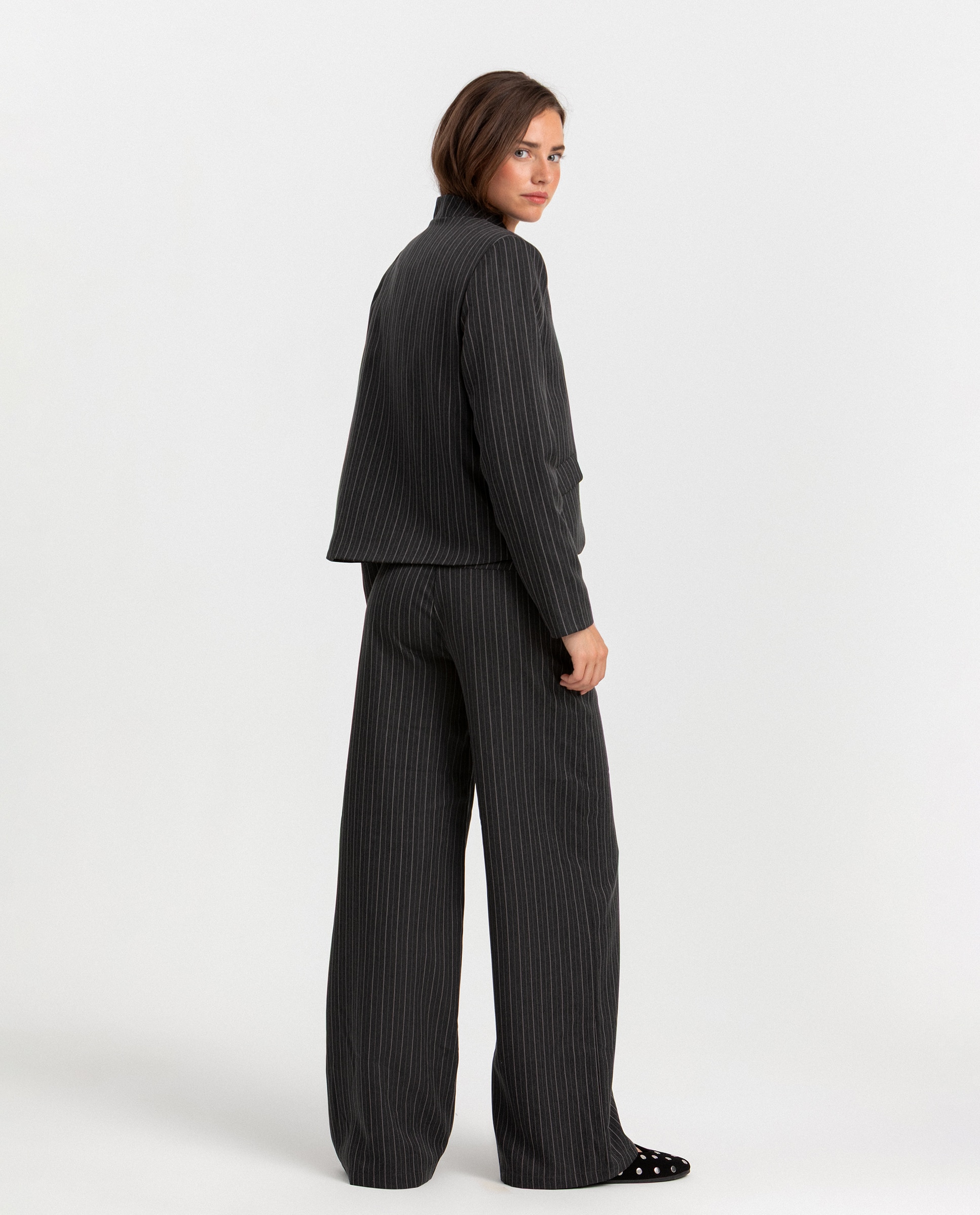Blazer cruzada de rayas de mujer - Noon - Gris Gris-4