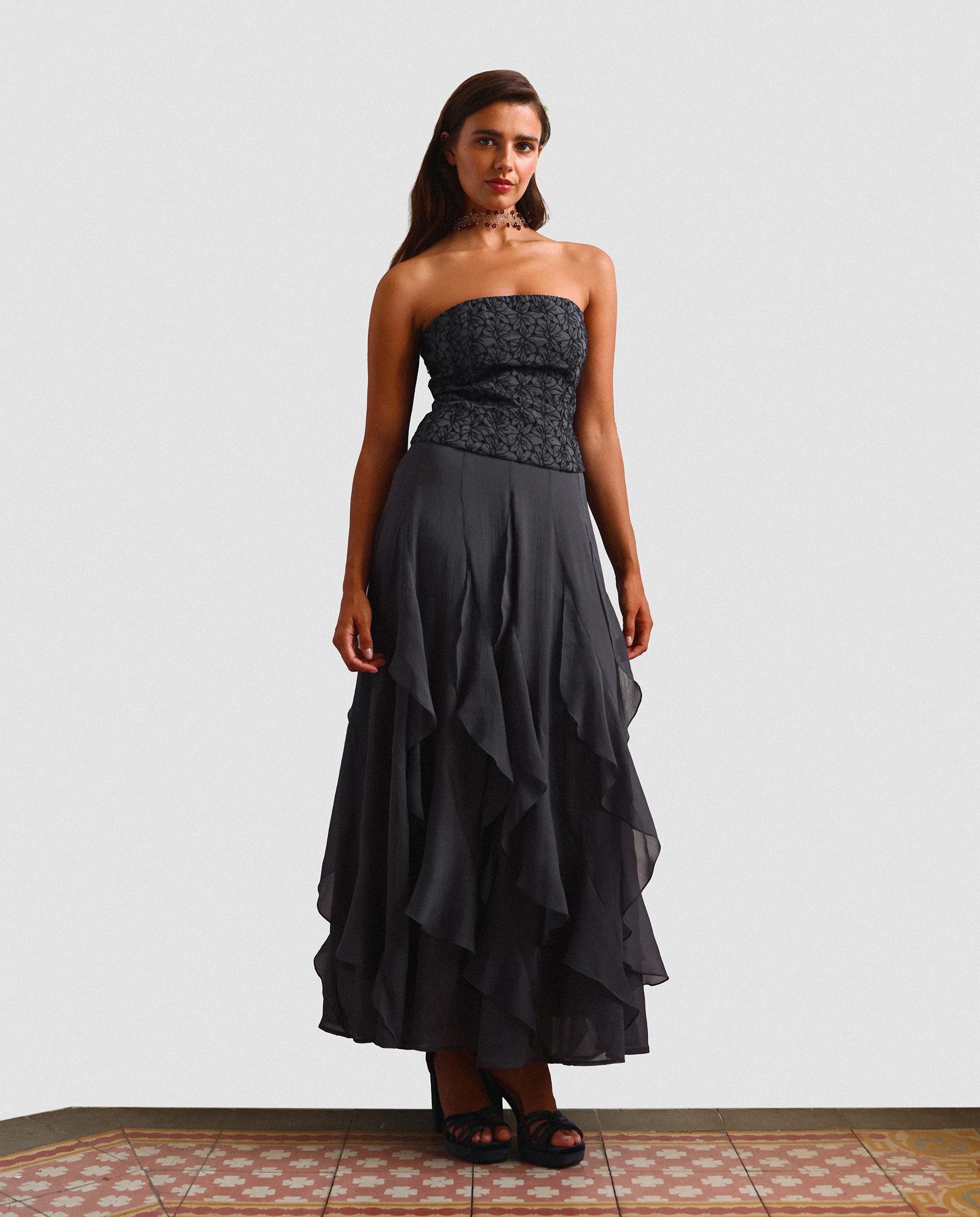 Falda midi volantes liso - Noon - Gris oscuro Gris oscuro-1
