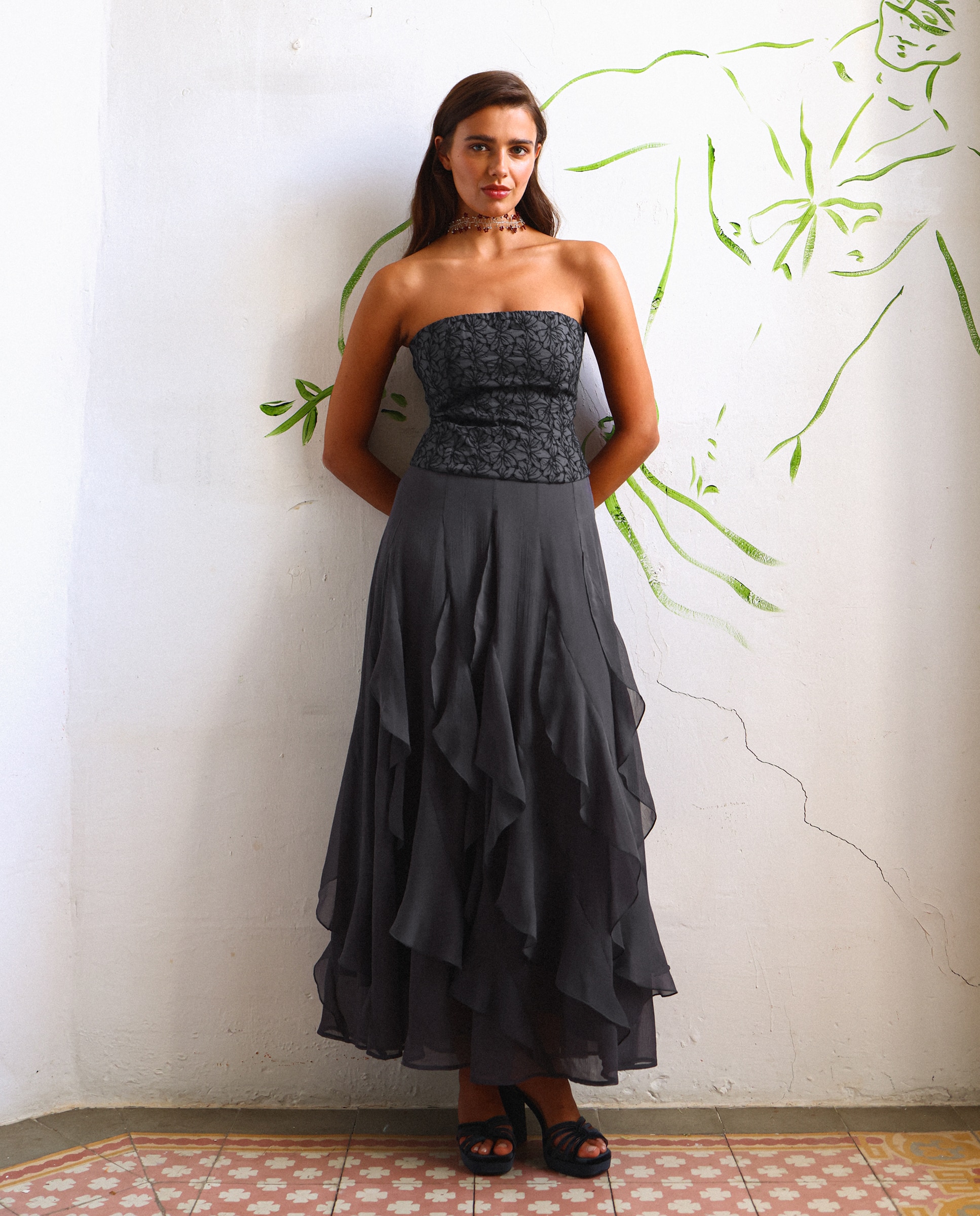 Falda midi volantes liso - Noon - Gris oscuro Gris oscuro-4