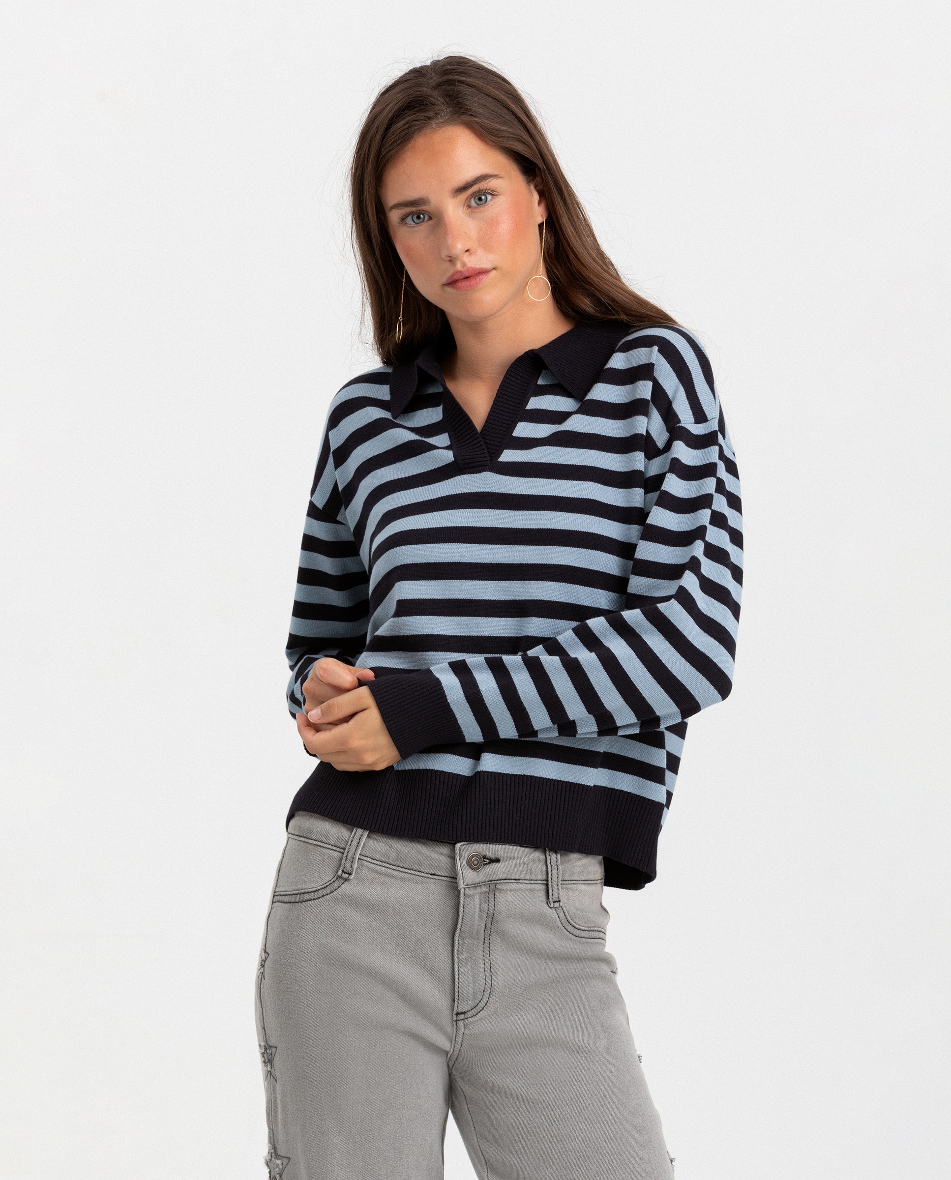 Jersey rayas de mujer con cuello polo - Noon - Azul Azul-1