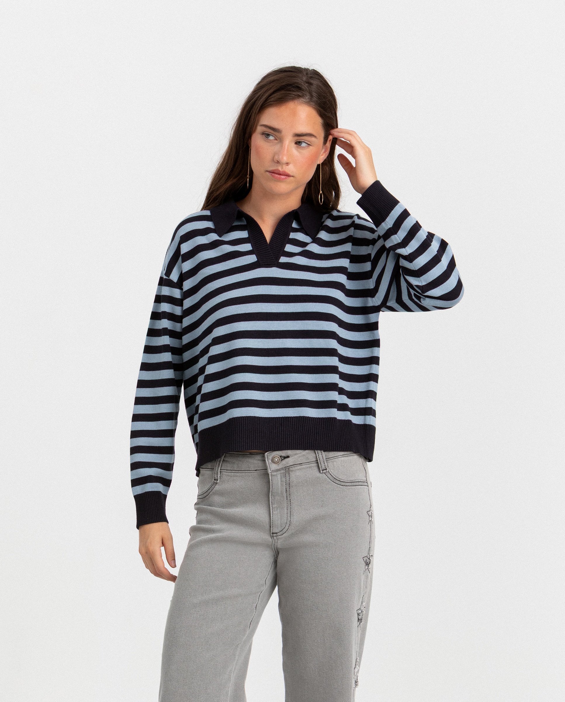 Jersey rayas de mujer con cuello polo - Noon - Azul Azul-3