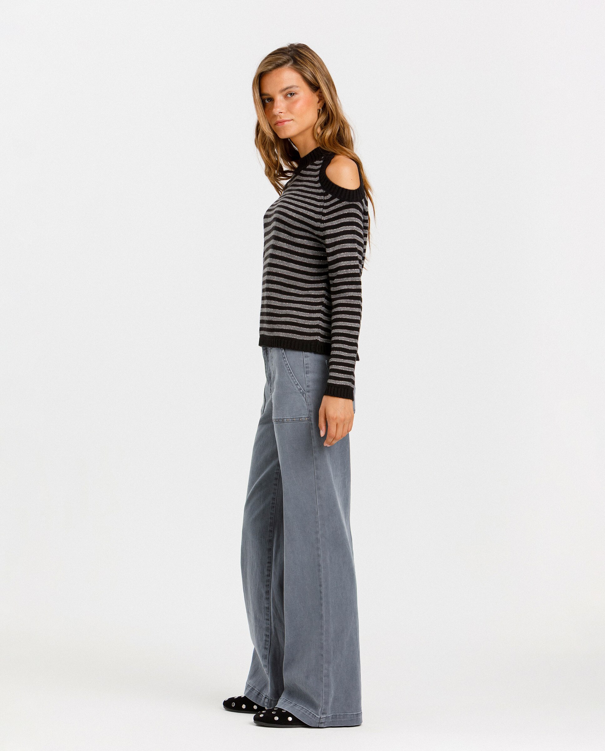Jersey de mujer a rayas con abertura en los hombros - Noon - Gris Gris-3