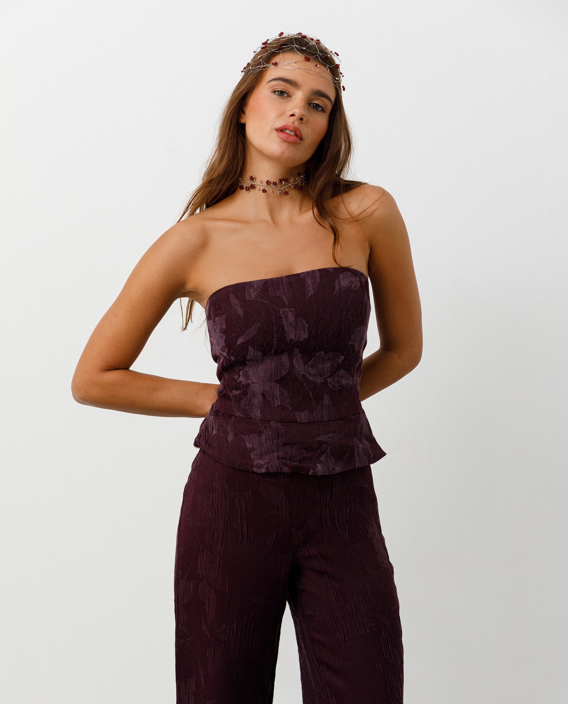 Top de mujer palabra de honor estampado floral - Noon - Burdeos Burdeos-1