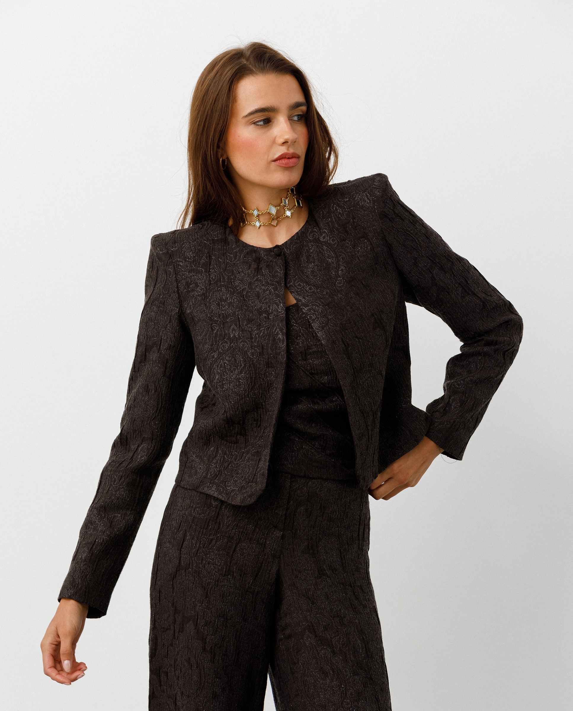 Chaqueta de mujer con hombreras - Noon - Marrón Marrón-1