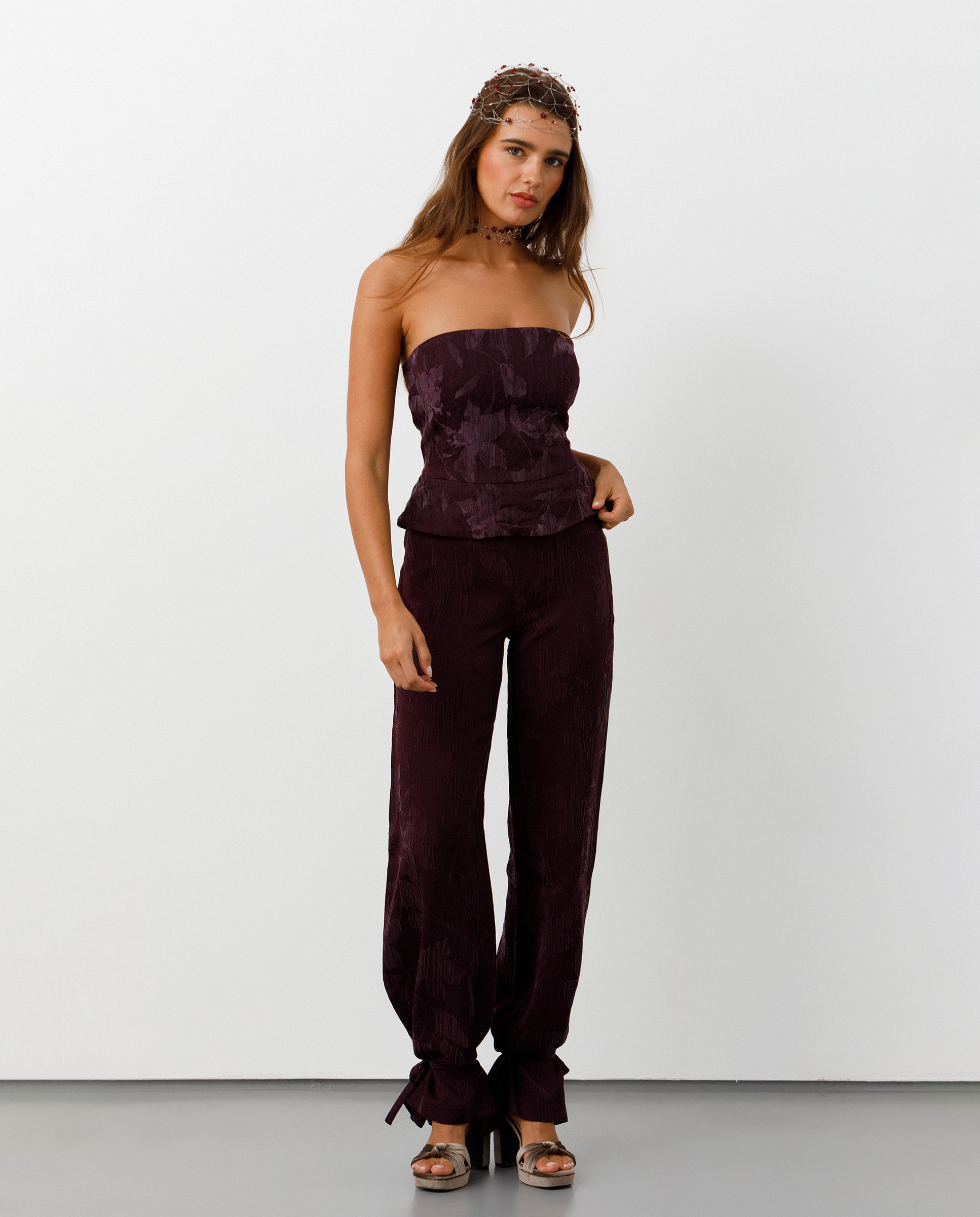 Pantalón recto efecto bombacho de mujer - Noon - Burdeos Burdeos-1
