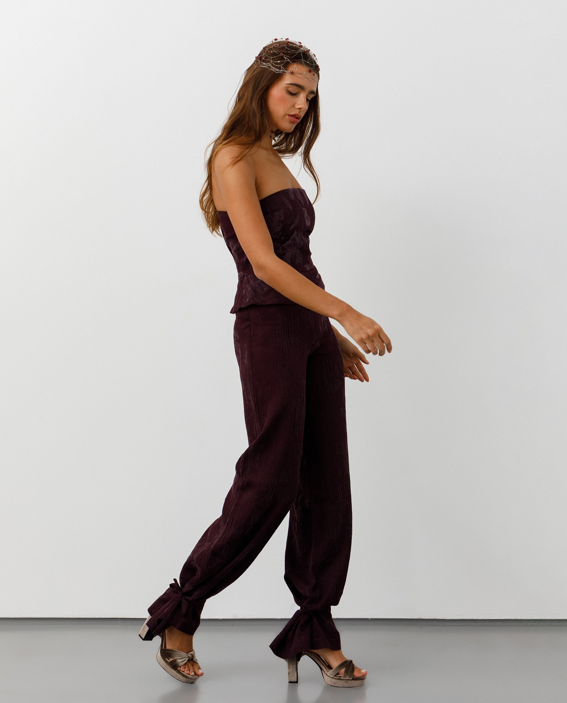 Pantalón recto efecto bombacho de mujer - Noon - Burdeos Burdeos-2