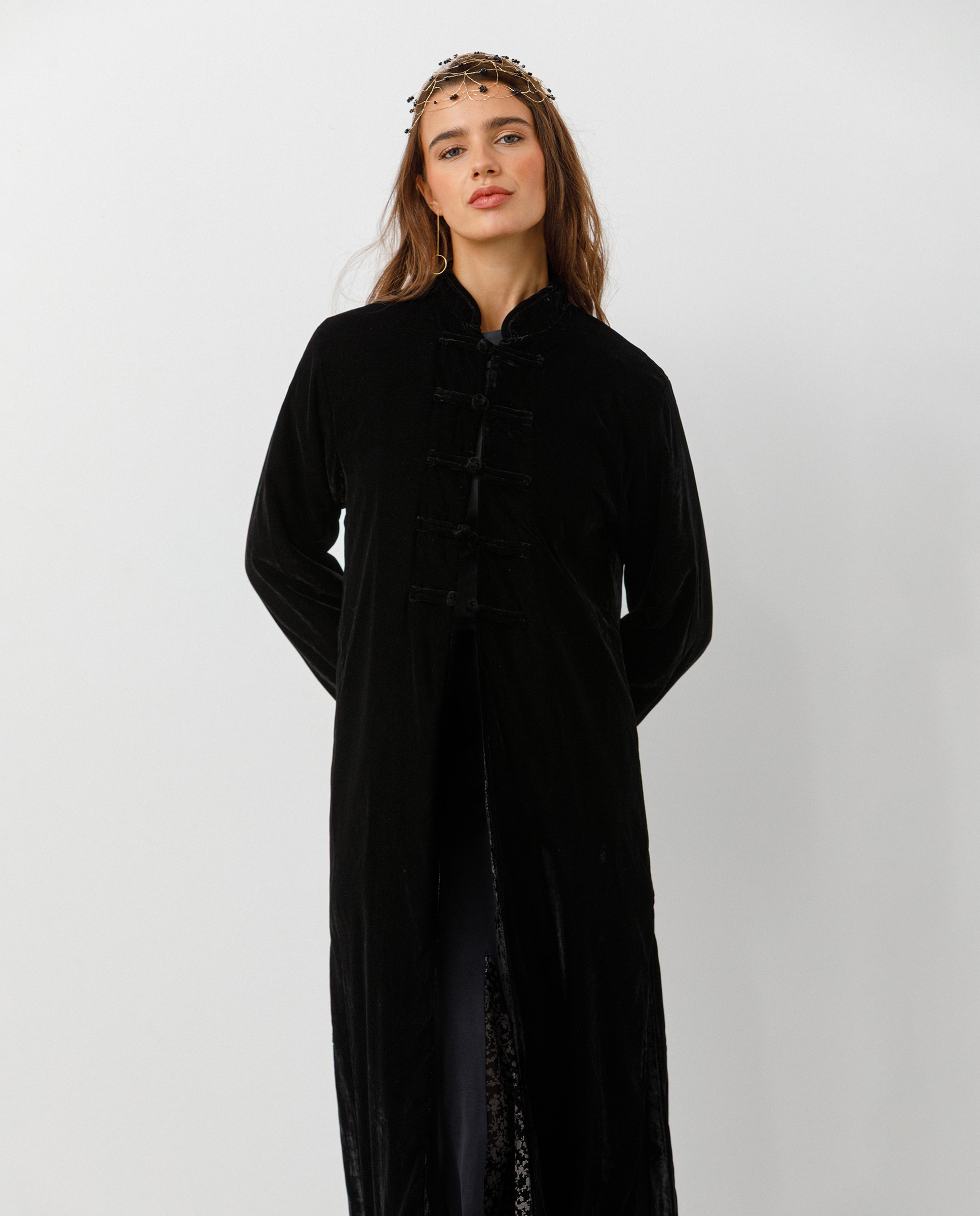 Kimono largo de mujer de terciopelo - Noon - Negro Negro-3