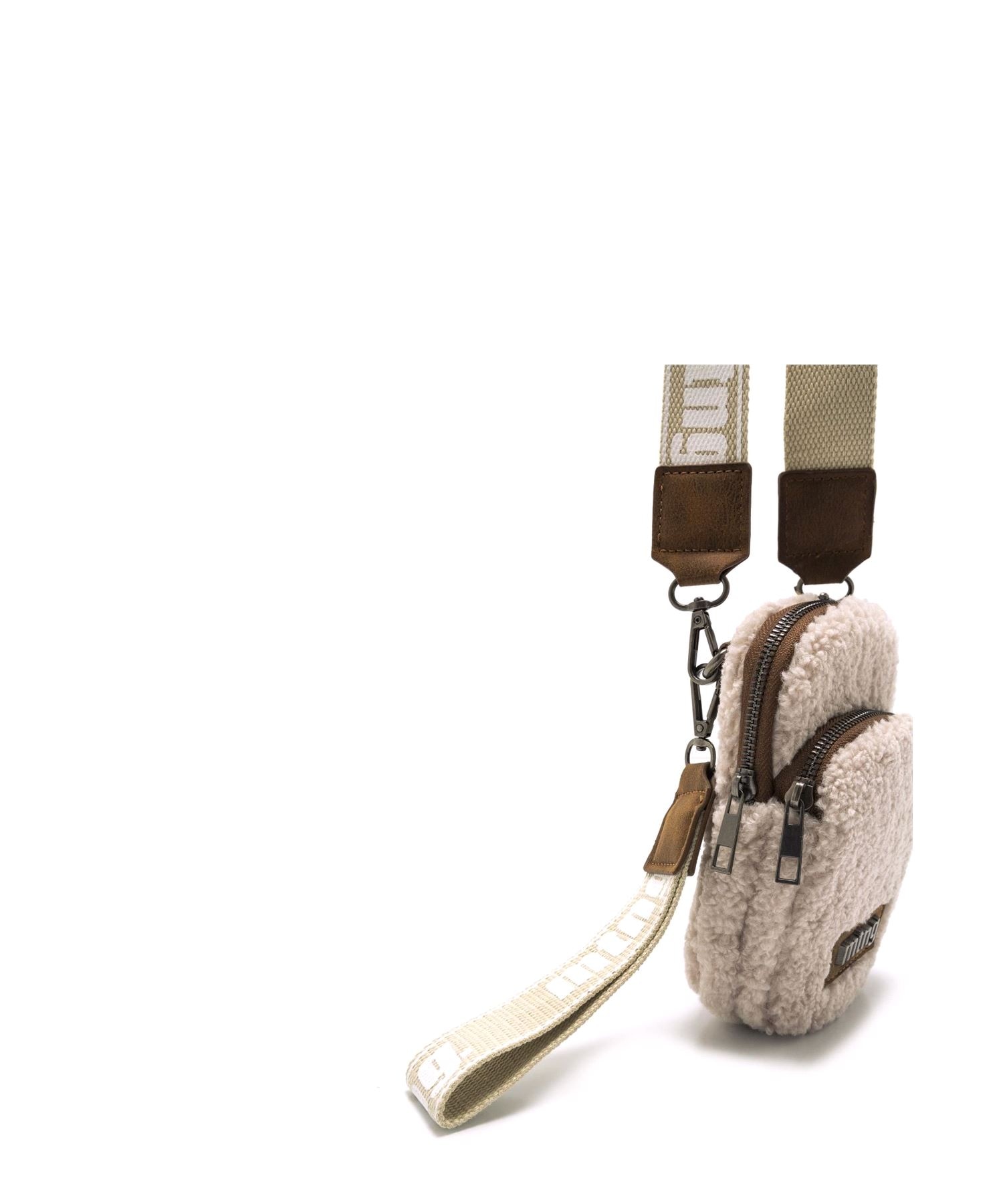 Saco de telemóvel feminino em pele de ovelha bege com detalhes castanhos Natural-2
